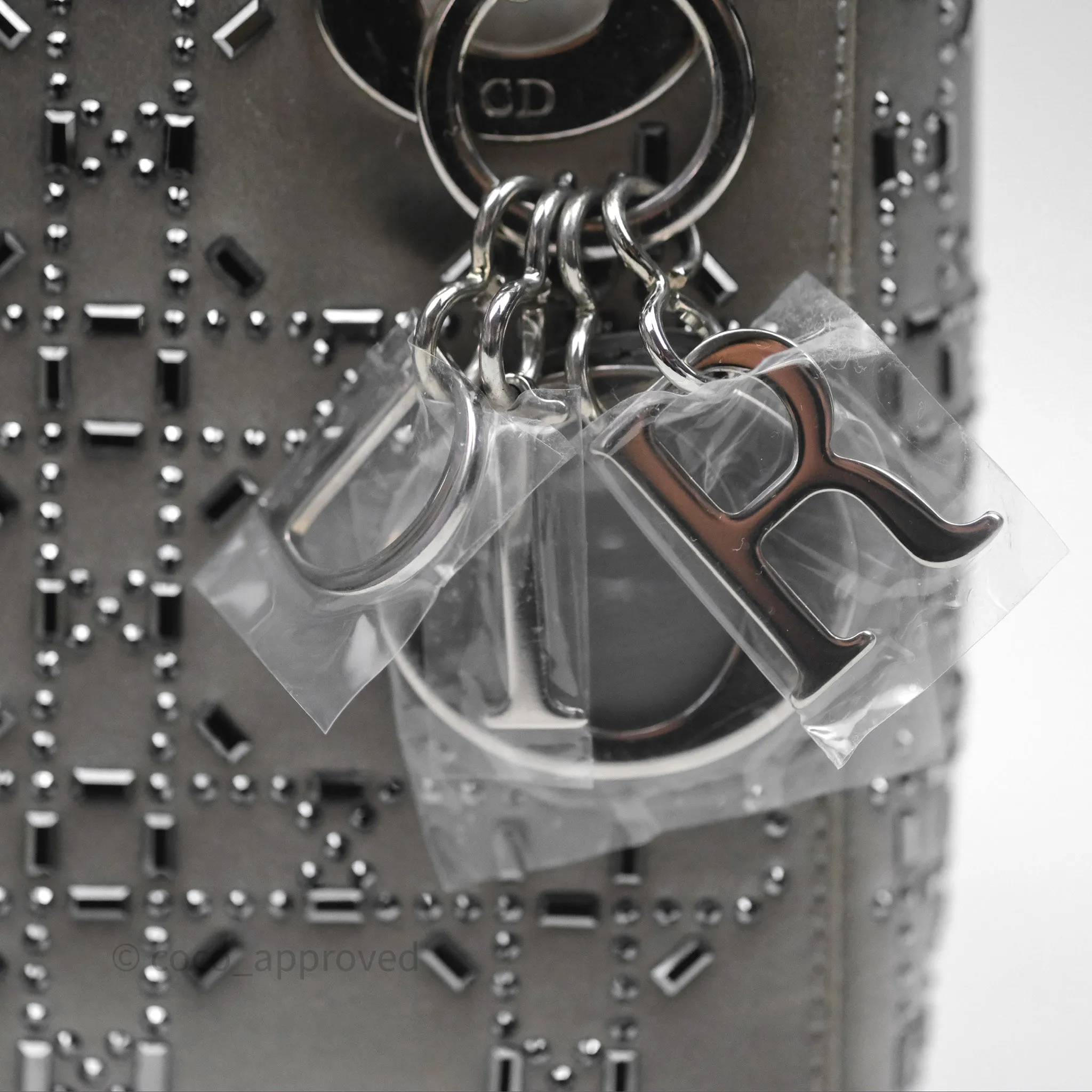 Christian Dior Mini Lady Dior Bag Grey Strass Cannage Satin Silver Hardware
