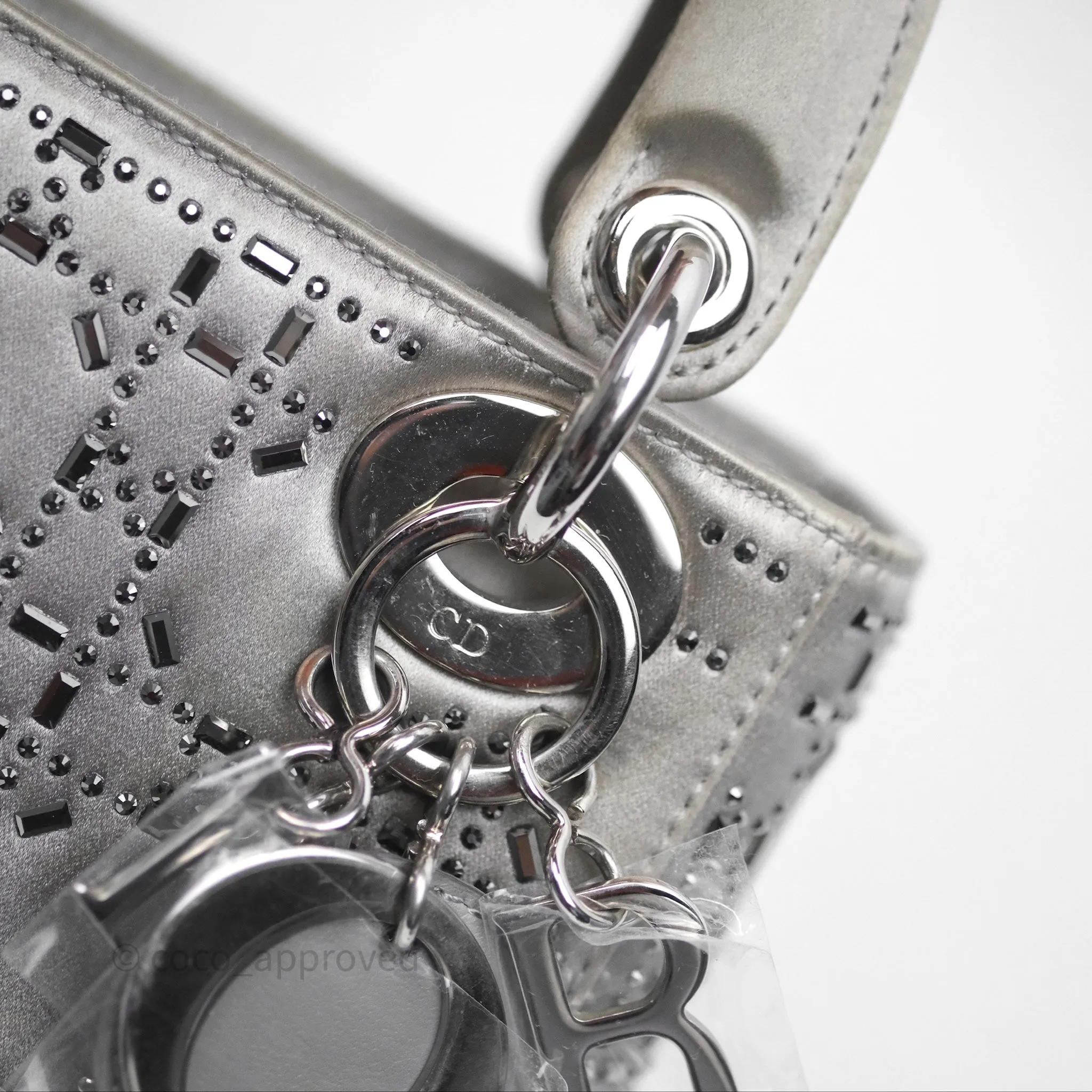 Christian Dior Mini Lady Dior Bag Grey Strass Cannage Satin Silver Hardware