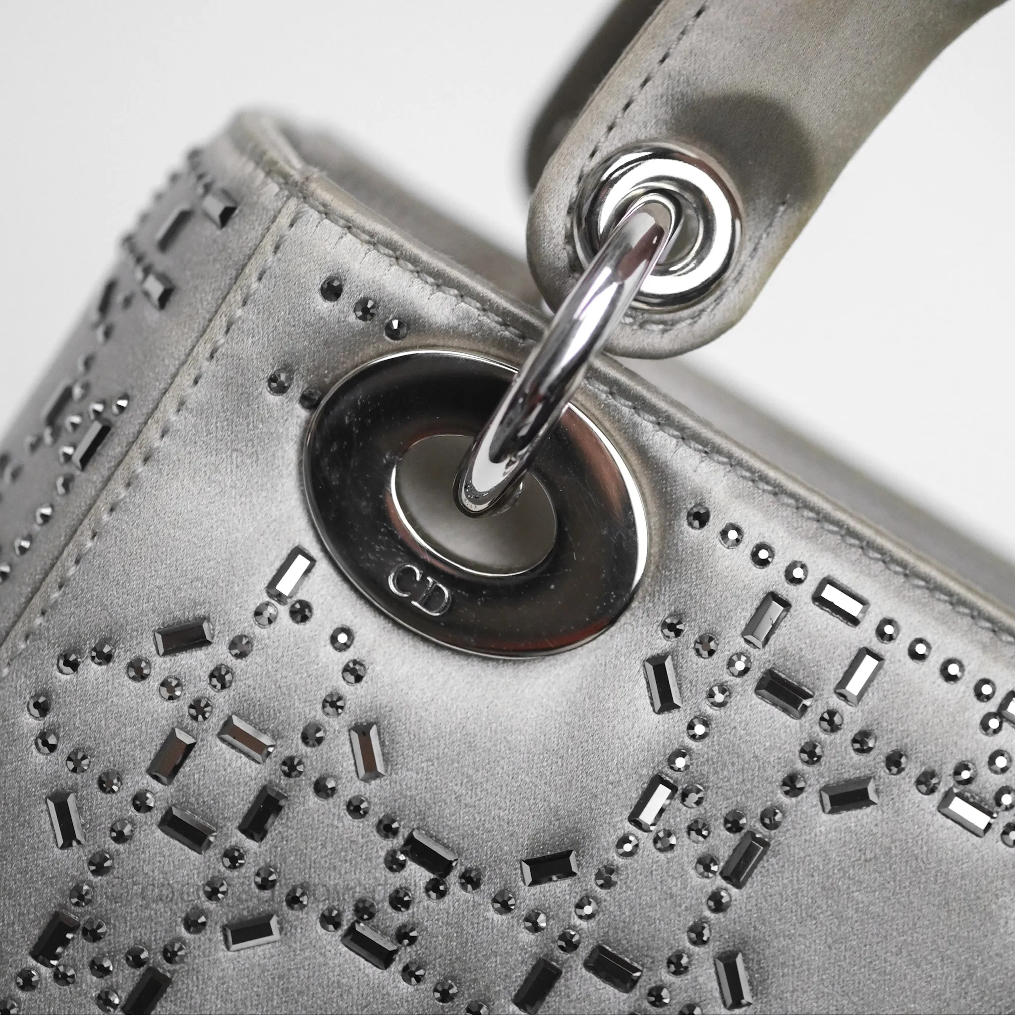 Christian Dior Mini Lady Dior Bag Grey Strass Cannage Satin Silver Hardware