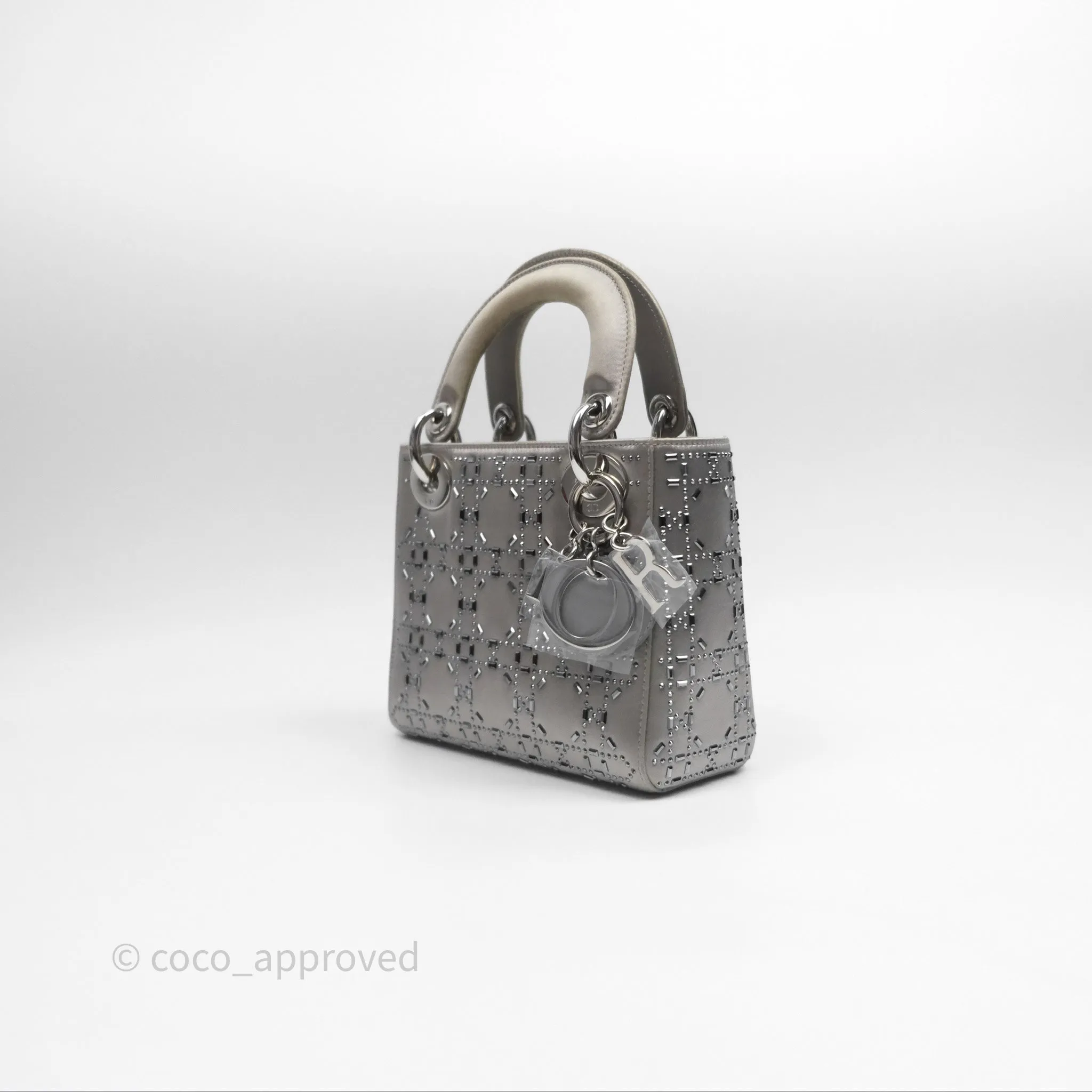 Christian Dior Mini Lady Dior Bag Grey Strass Cannage Satin Silver Hardware
