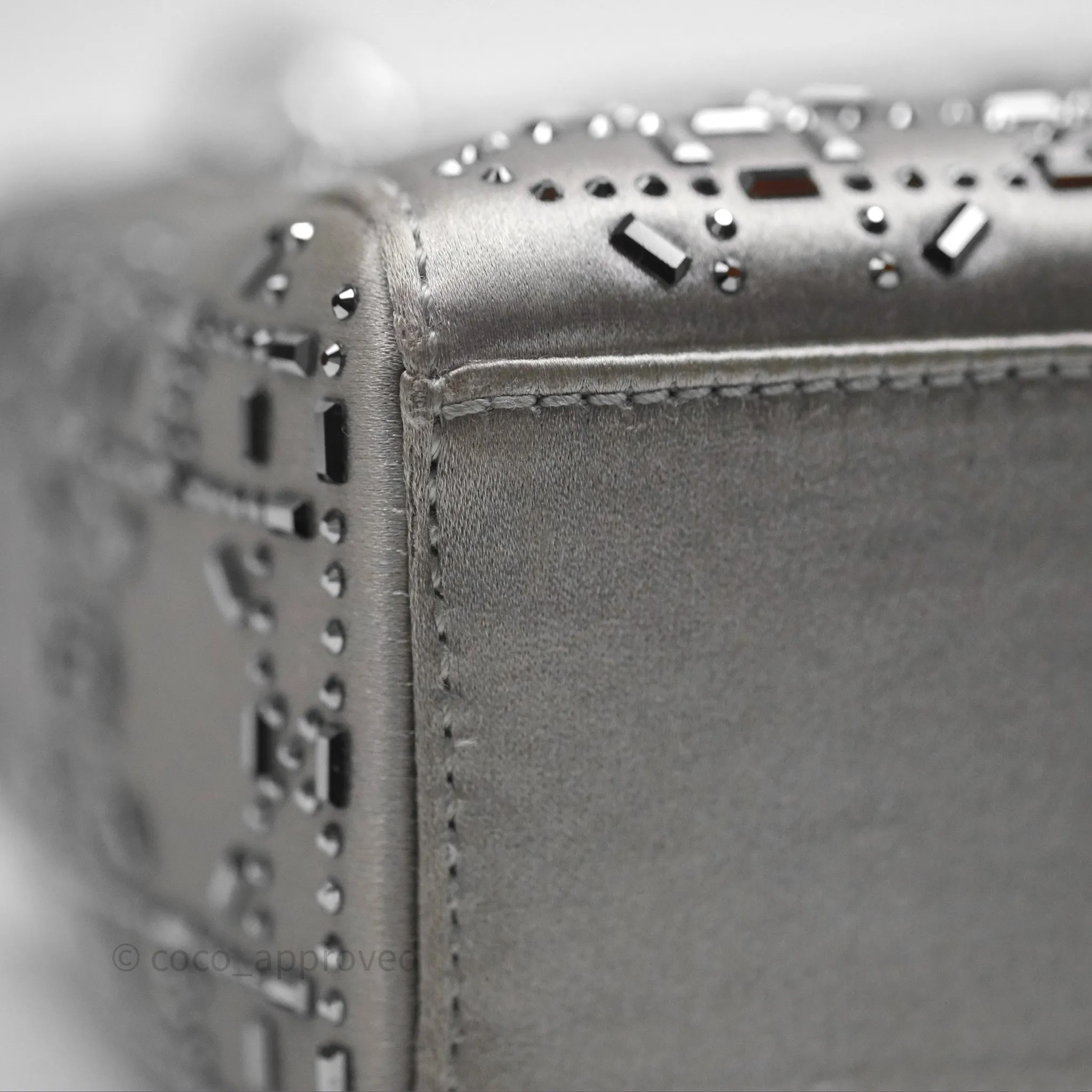 Christian Dior Mini Lady Dior Bag Grey Strass Cannage Satin Silver Hardware