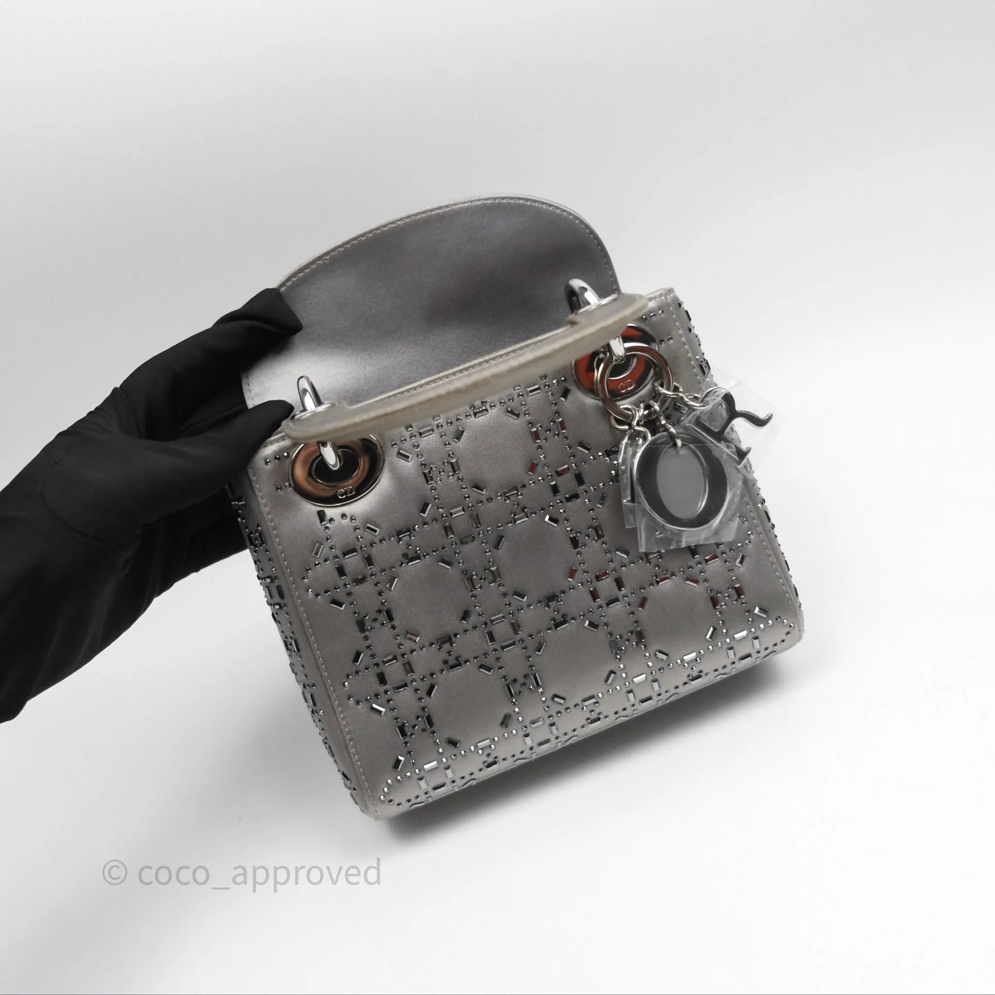 Christian Dior Mini Lady Dior Bag Grey Strass Cannage Satin Silver Hardware
