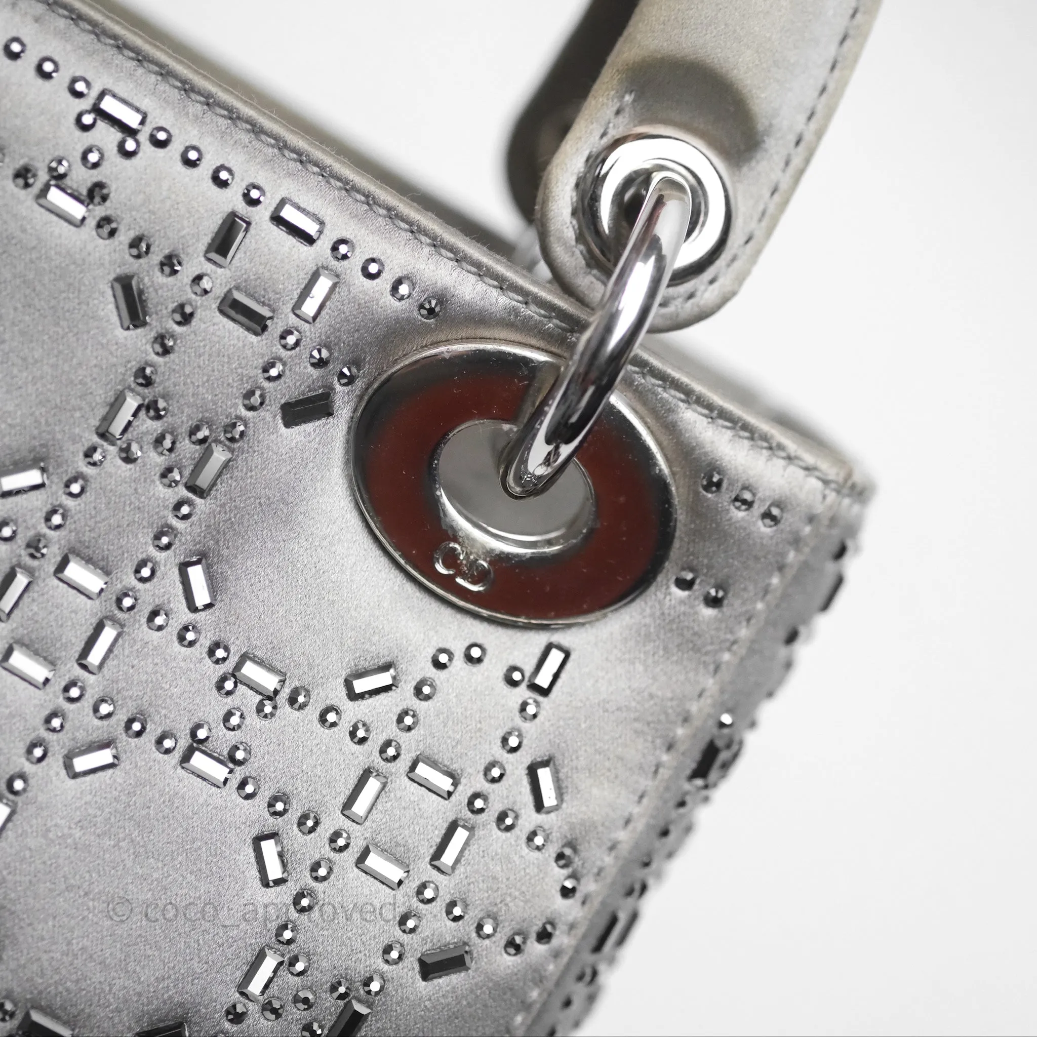 Christian Dior Mini Lady Dior Bag Grey Strass Cannage Satin Silver Hardware