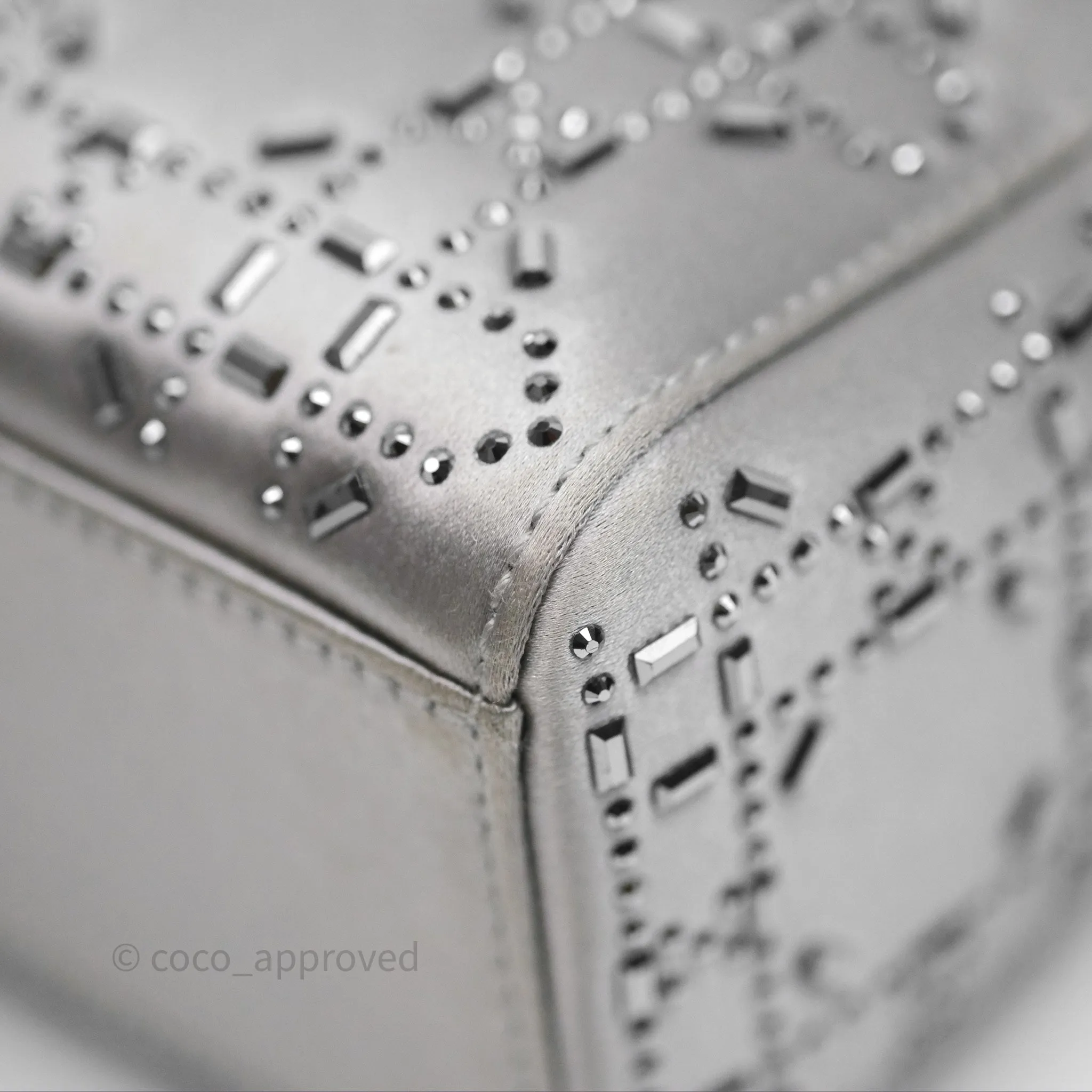 Christian Dior Mini Lady Dior Bag Grey Strass Cannage Satin Silver Hardware