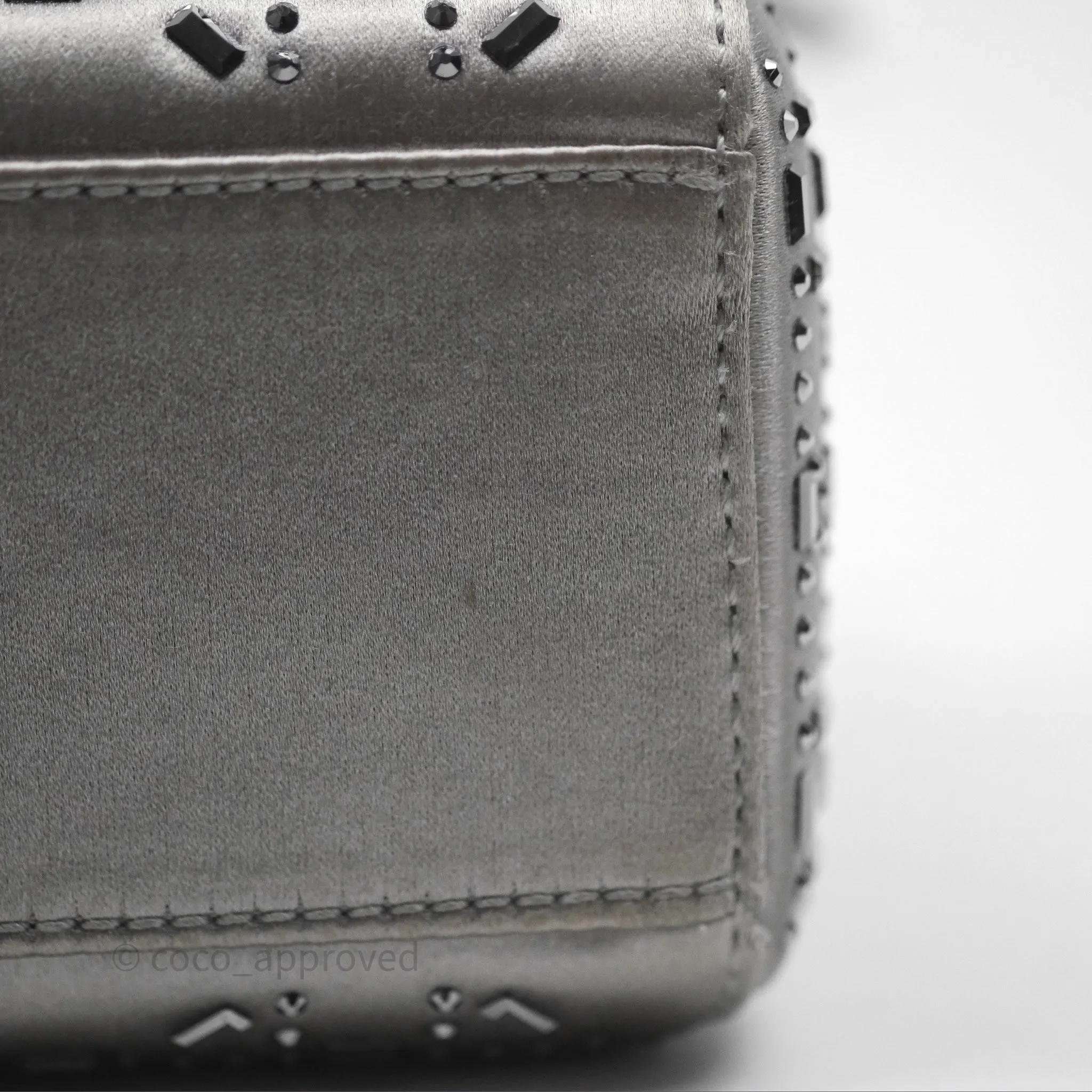 Christian Dior Mini Lady Dior Bag Grey Strass Cannage Satin Silver Hardware