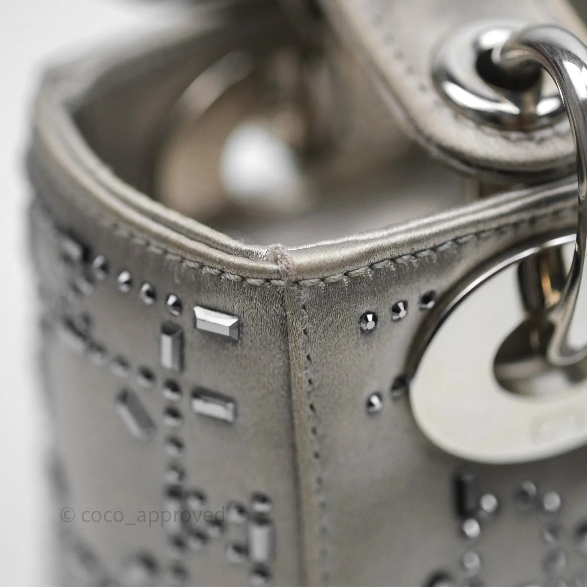 Christian Dior Mini Lady Dior Bag Grey Strass Cannage Satin Silver Hardware