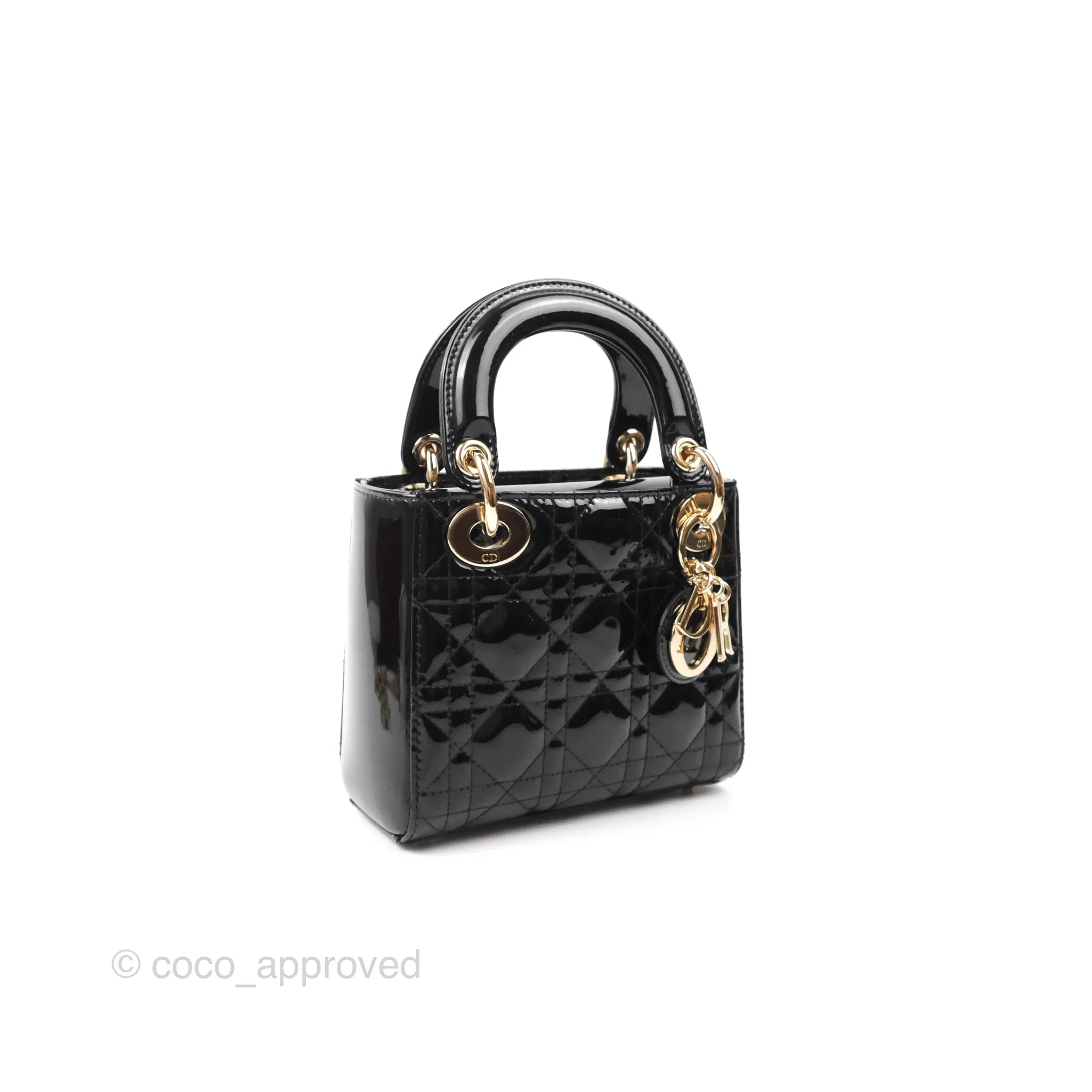 Christian Dior Mini Lady Dior Black Patent Gold Hardware