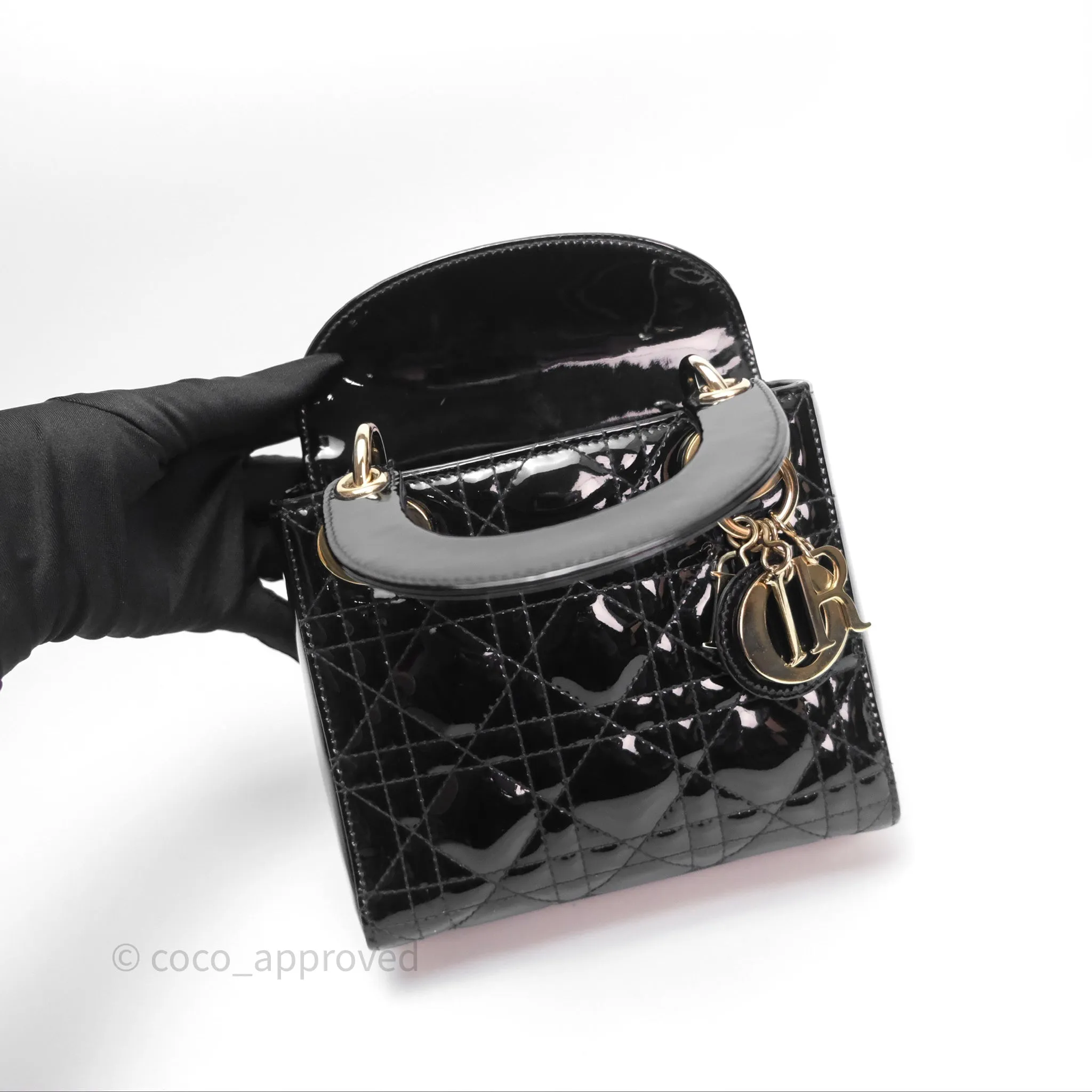 Christian Dior Mini Lady Dior Black Patent Gold Hardware