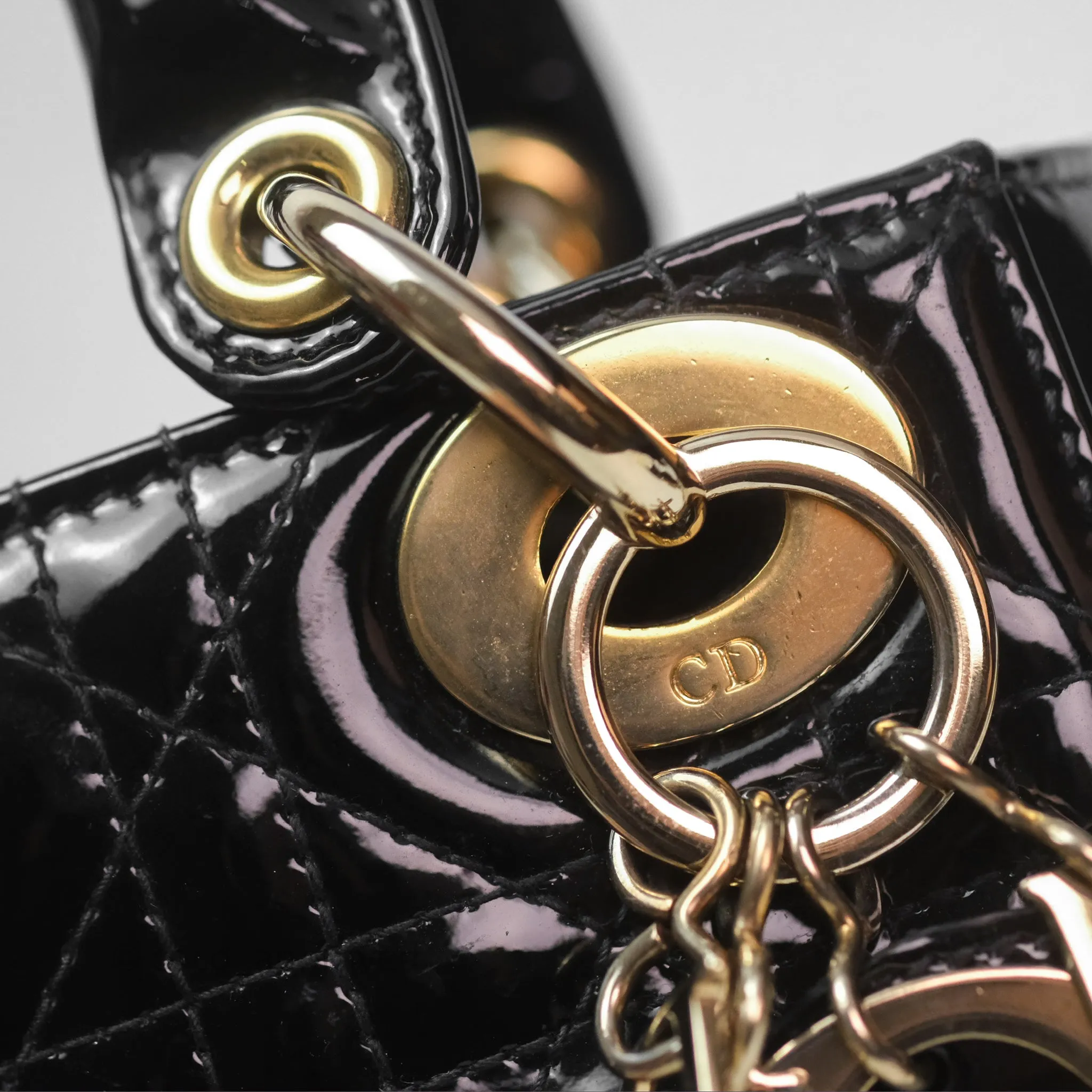 Christian Dior Mini Lady Dior Black Patent Gold Hardware