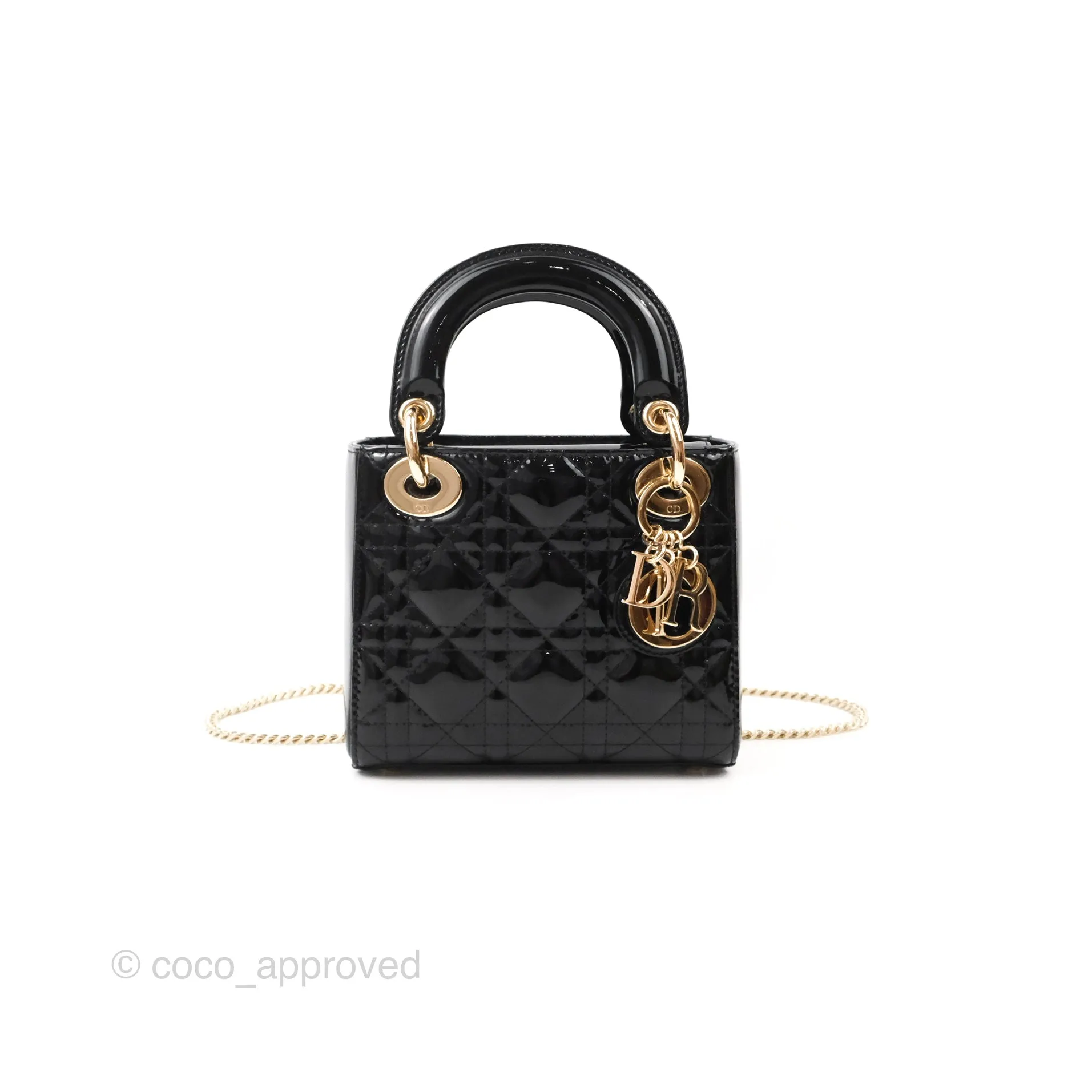 Christian Dior Mini Lady Dior Black Patent Gold Hardware
