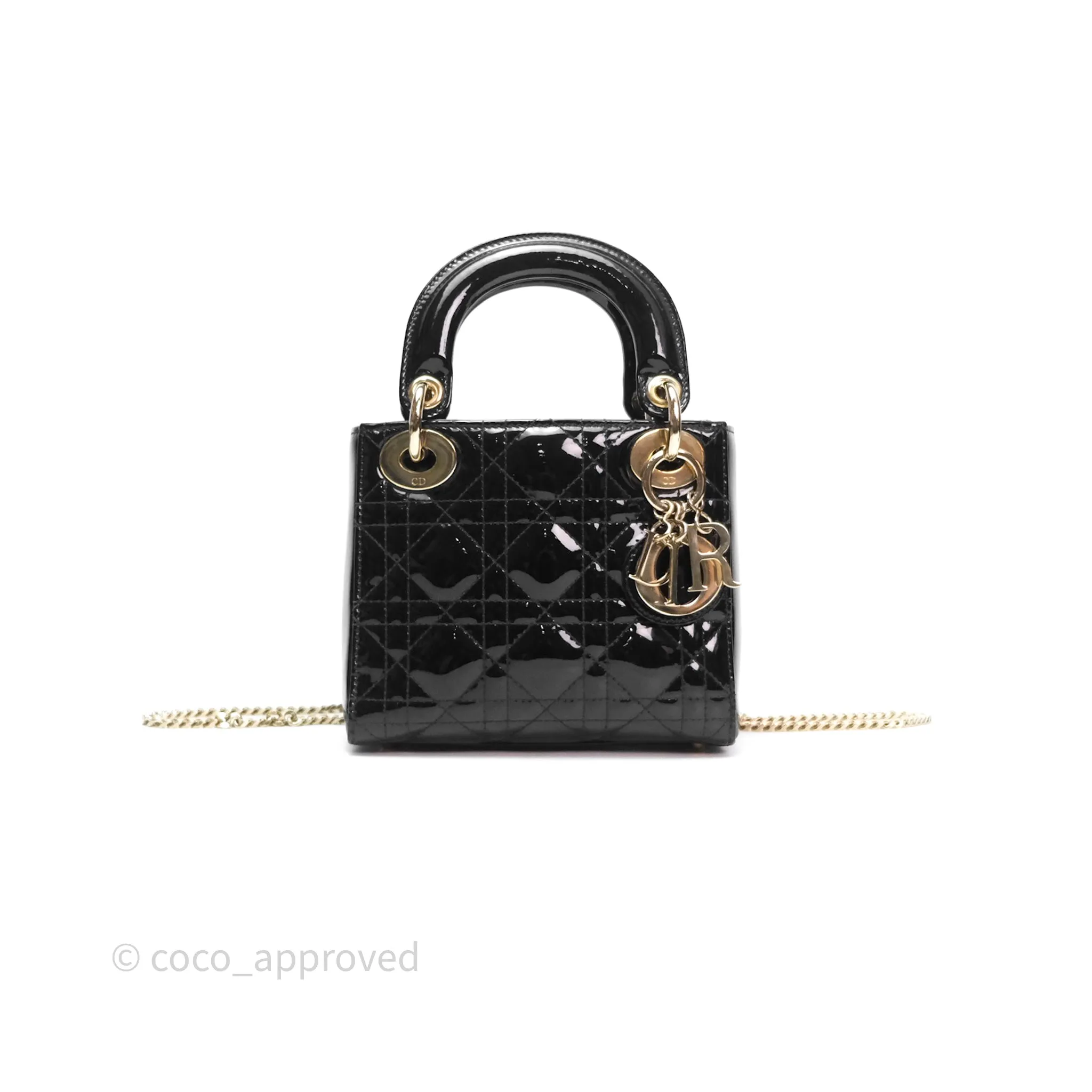Christian Dior Mini Lady Dior Black Patent Gold Hardware
