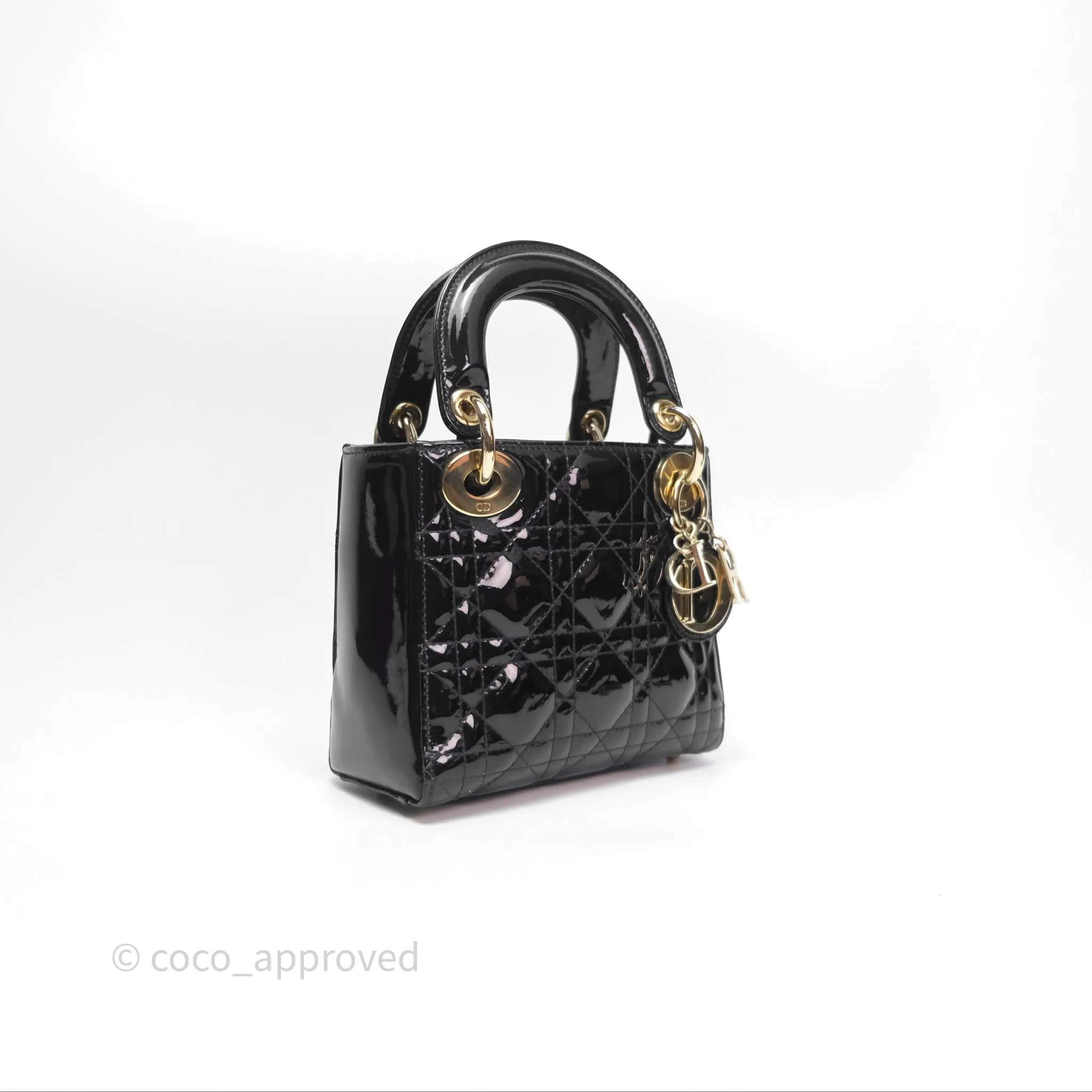 Christian Dior Mini Lady Dior Black Patent Gold Hardware