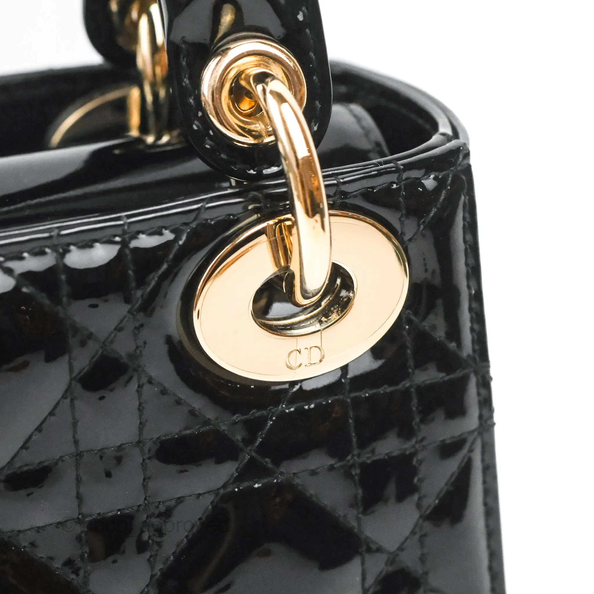 Christian Dior Mini Lady Dior Black Patent Gold Hardware