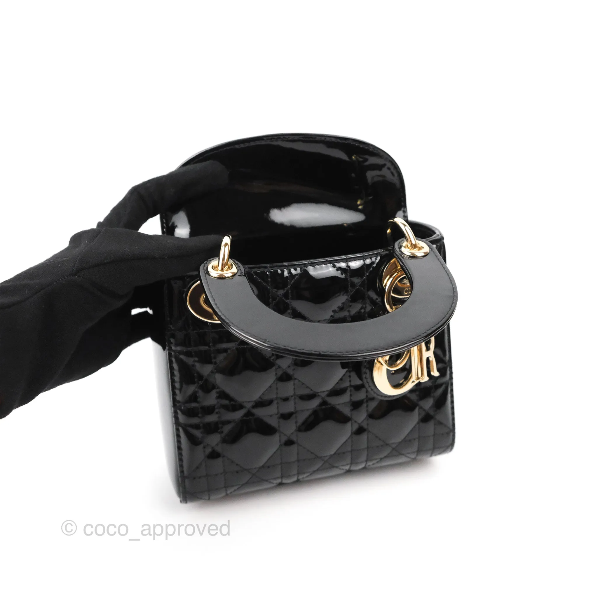 Christian Dior Mini Lady Dior Black Patent Gold Hardware
