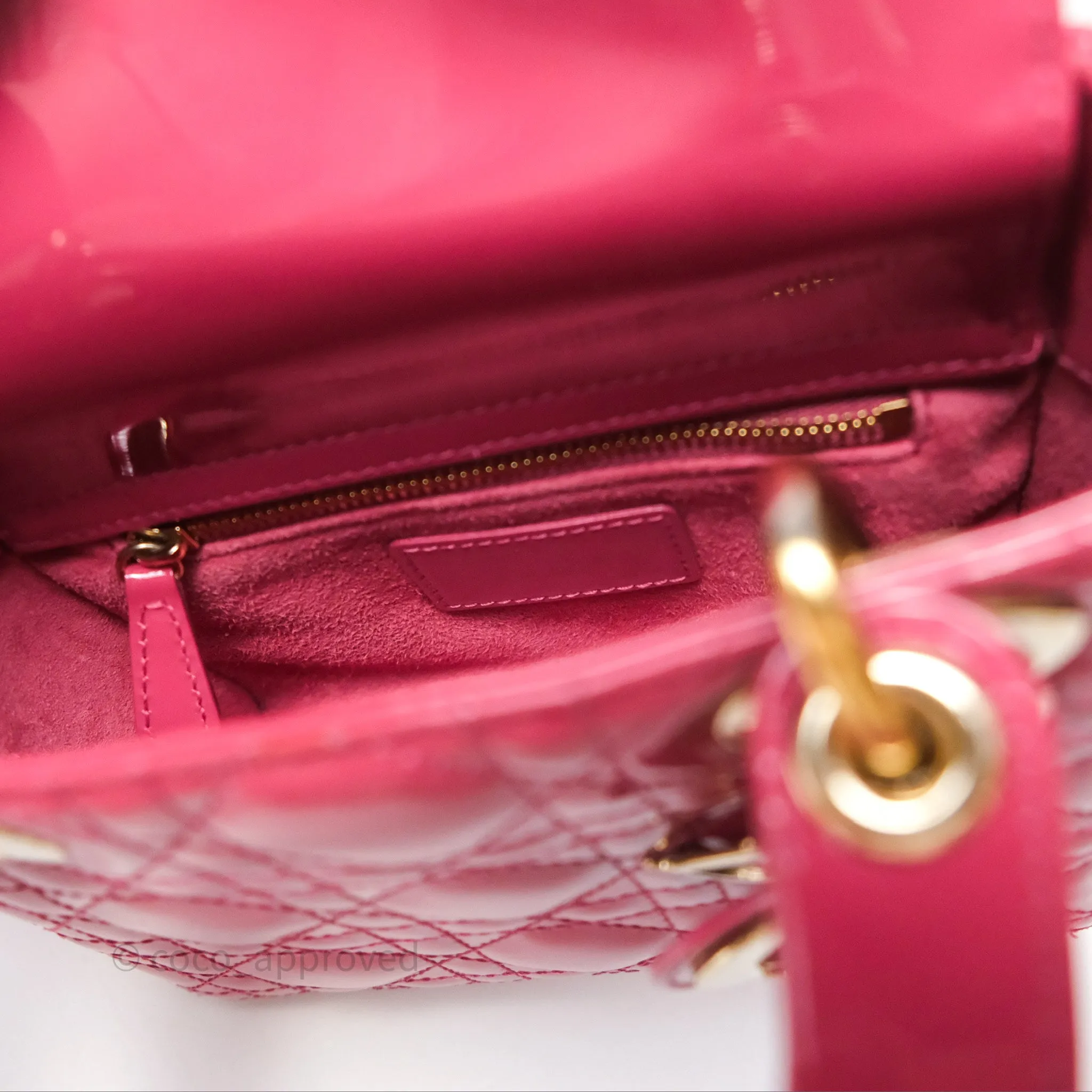 Christian Dior Mini Lady Dior Dusty Pink Patent Cannage Calfskin Gold Hardware