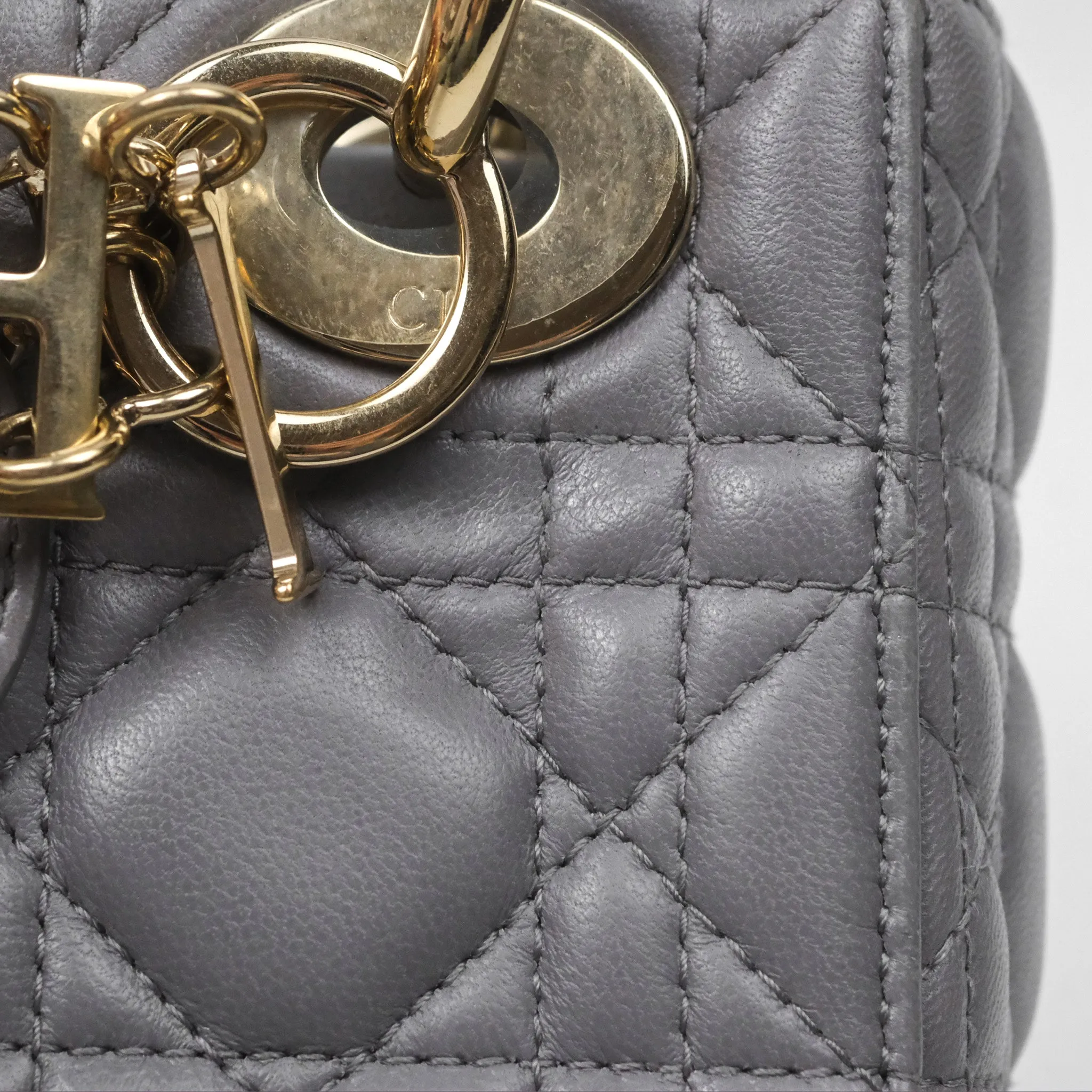 Christian Dior Mini Lady Dior Grey Lambskin Cannage Gold Hardware