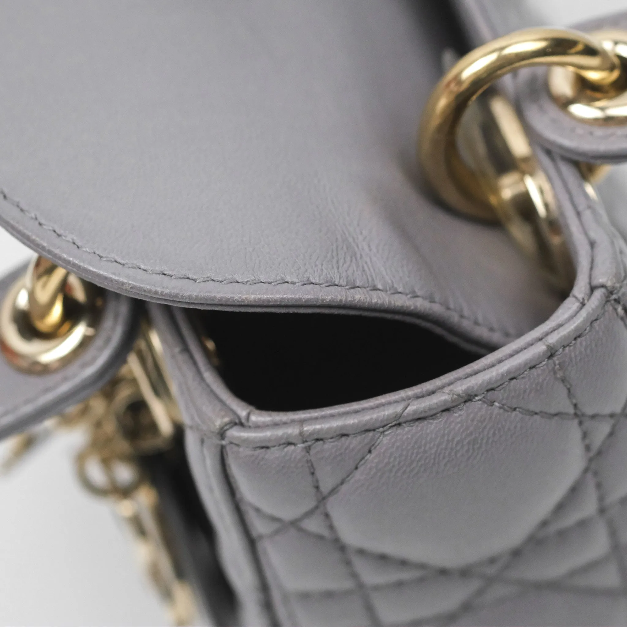 Christian Dior Mini Lady Dior Grey Lambskin Cannage Gold Hardware