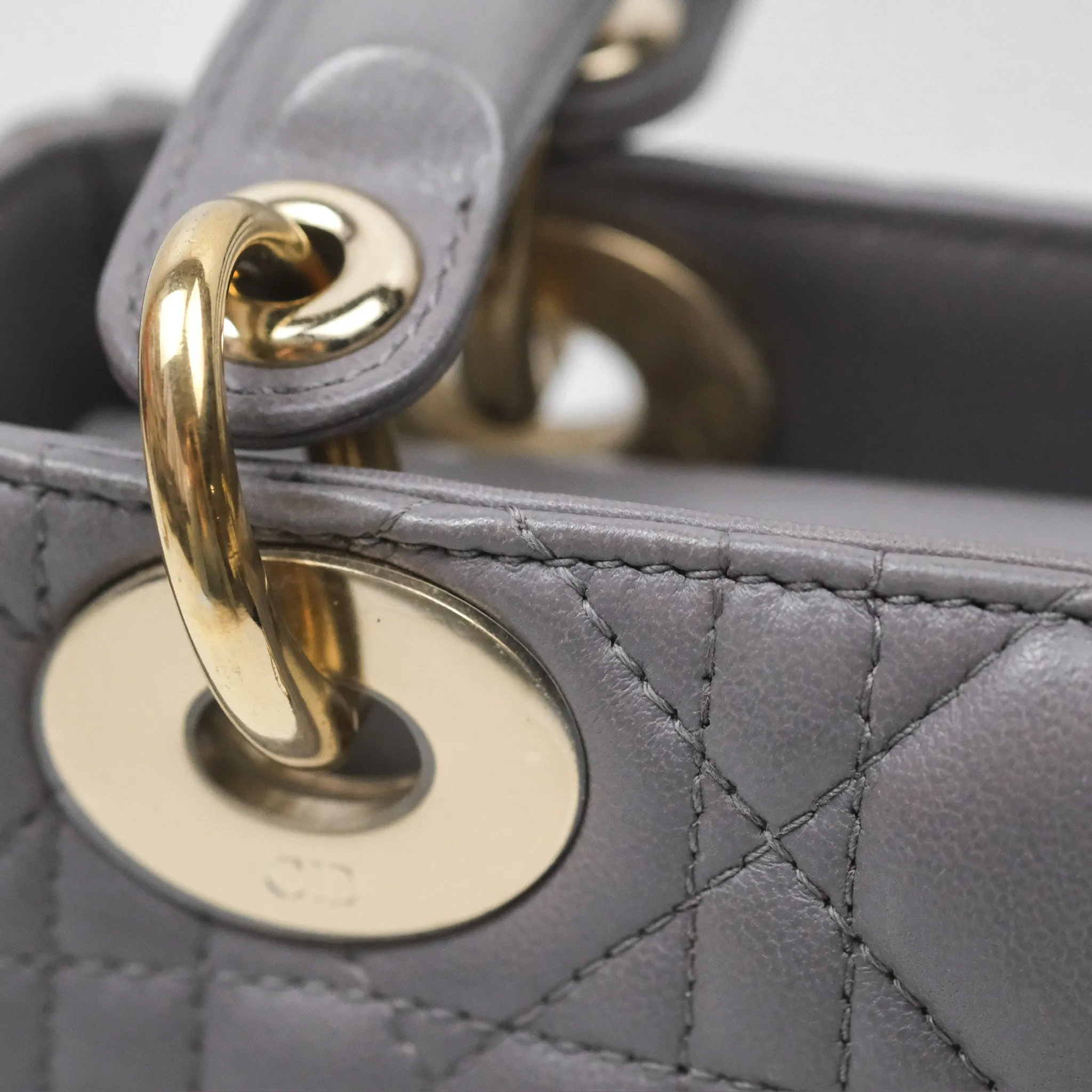 Christian Dior Mini Lady Dior Grey Lambskin Cannage Gold Hardware