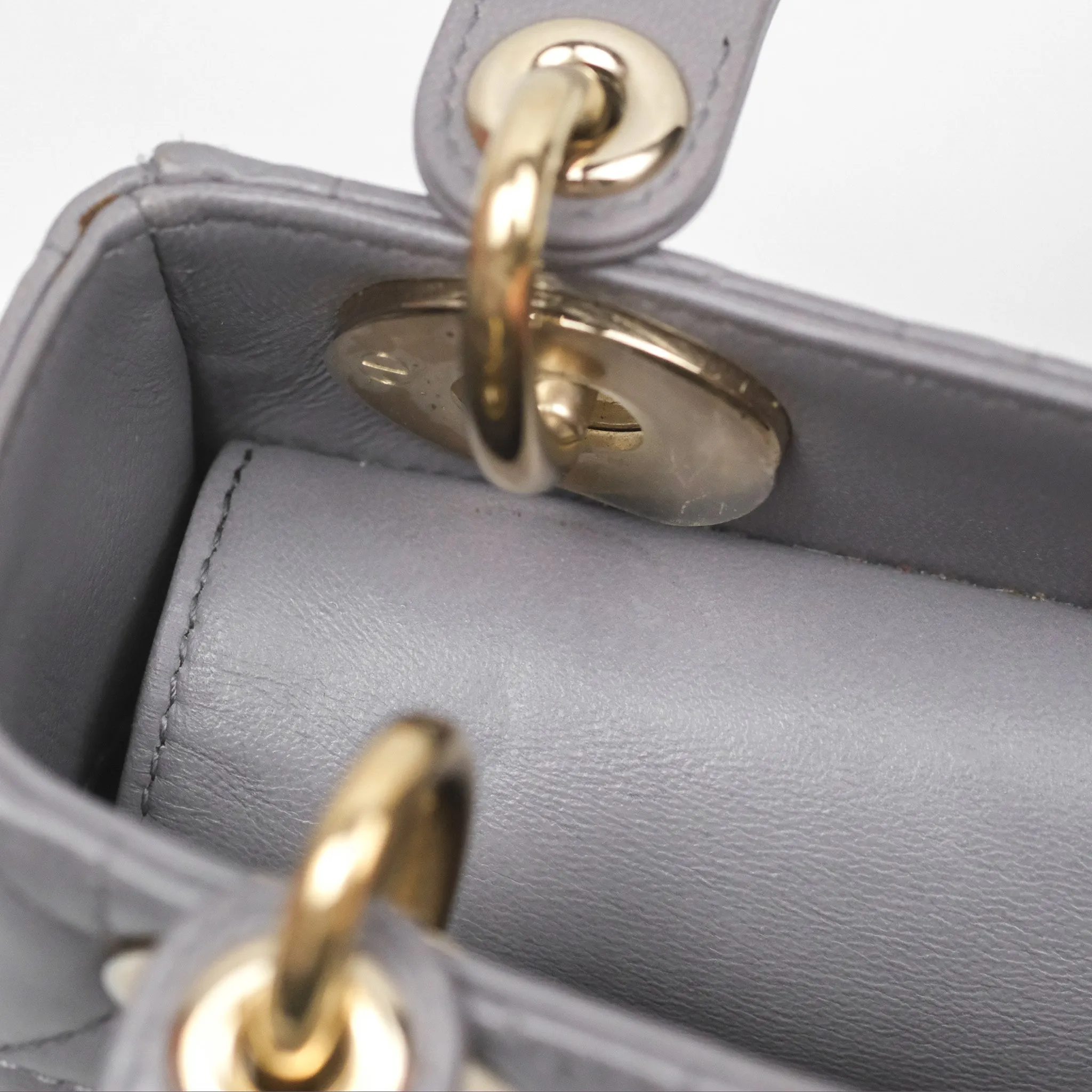 Christian Dior Mini Lady Dior Grey Lambskin Cannage Gold Hardware
