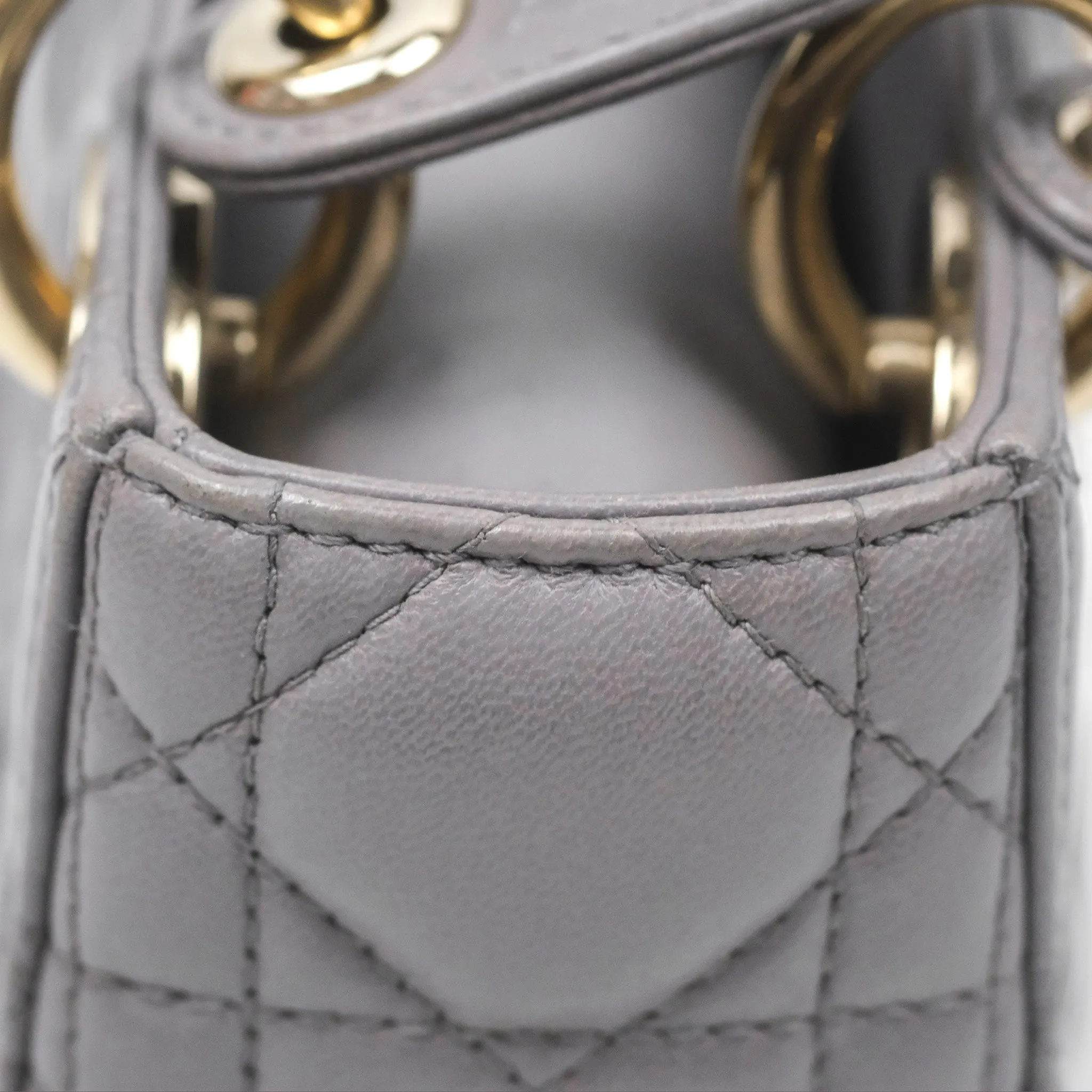 Christian Dior Mini Lady Dior Grey Lambskin Cannage Gold Hardware