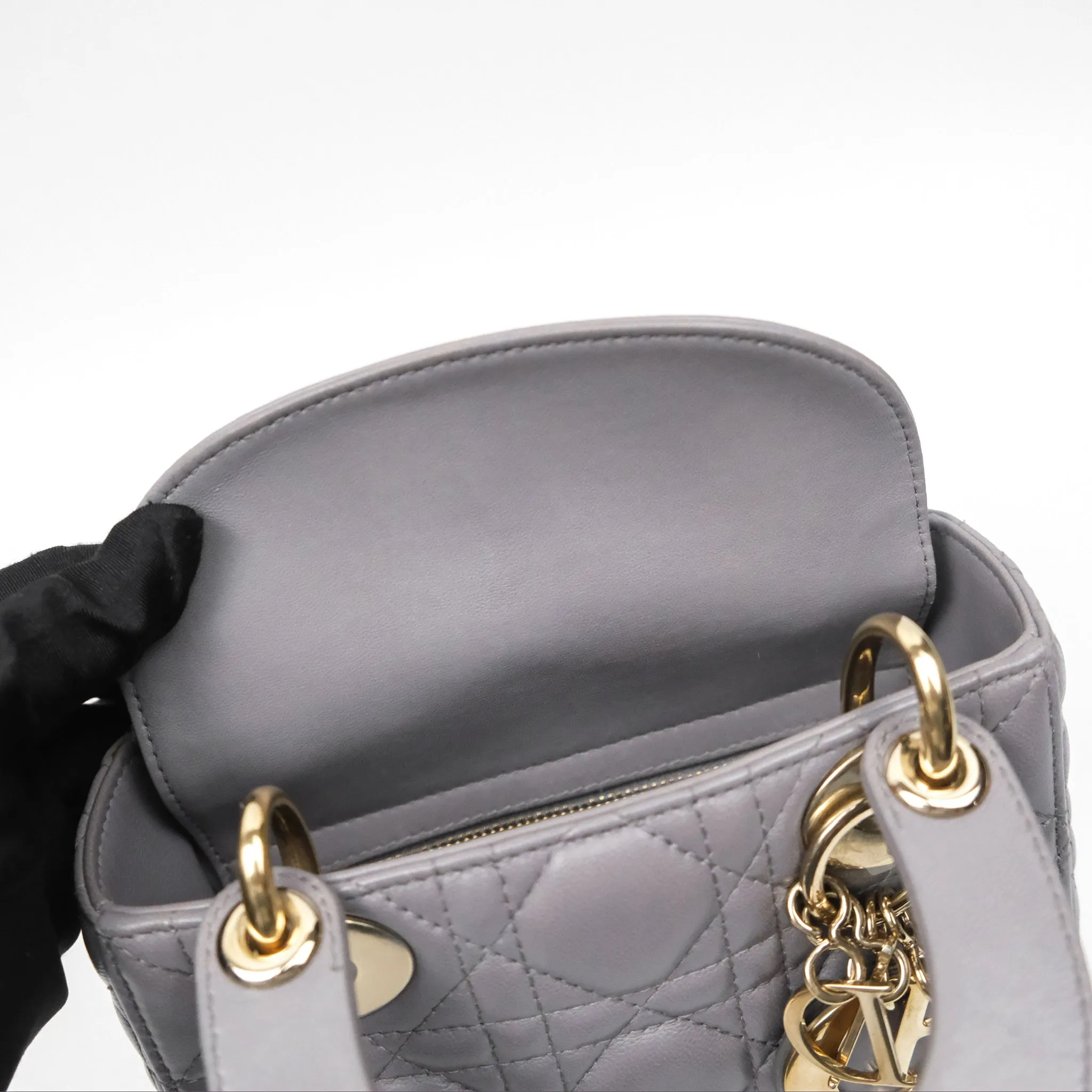 Christian Dior Mini Lady Dior Grey Lambskin Cannage Gold Hardware