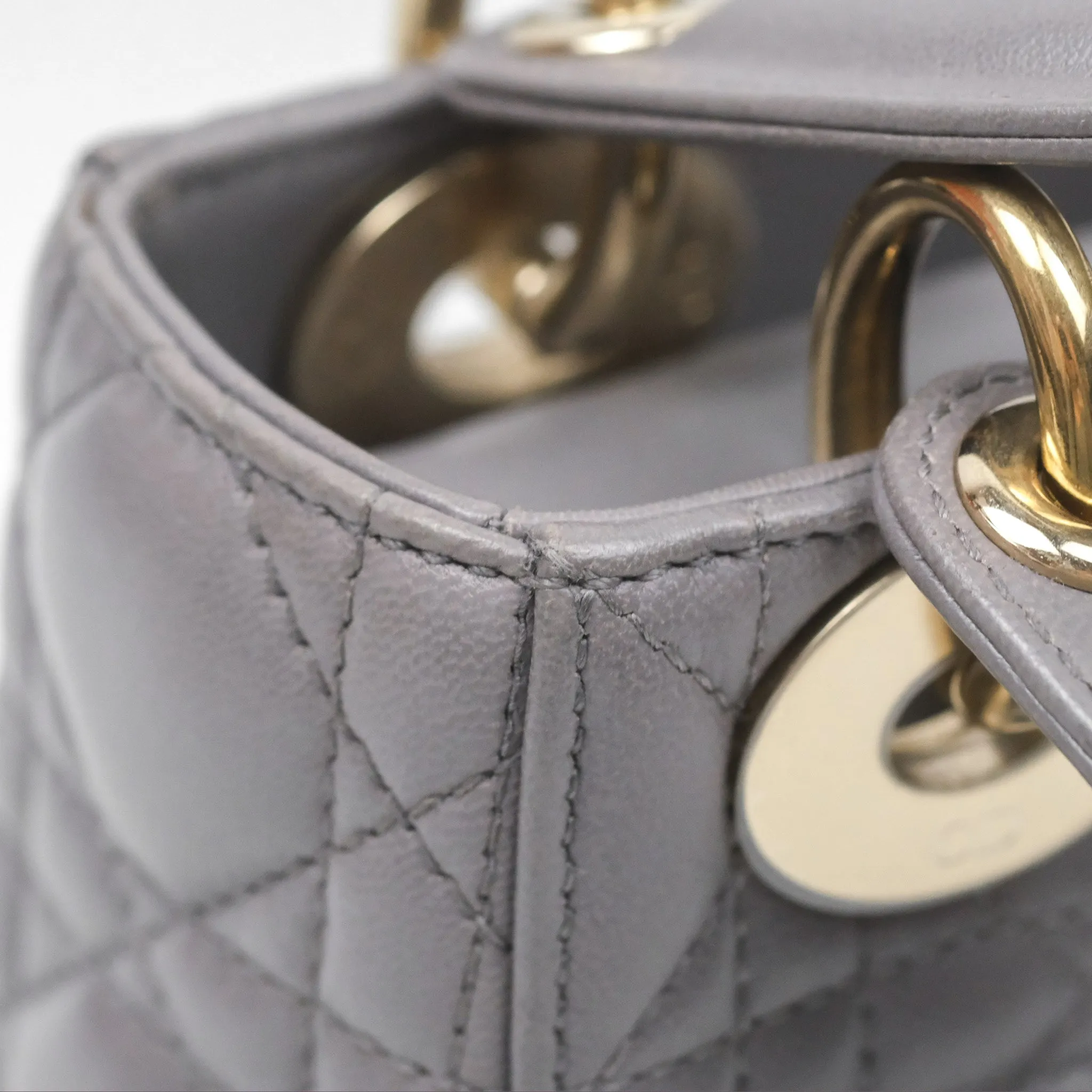 Christian Dior Mini Lady Dior Grey Lambskin Cannage Gold Hardware