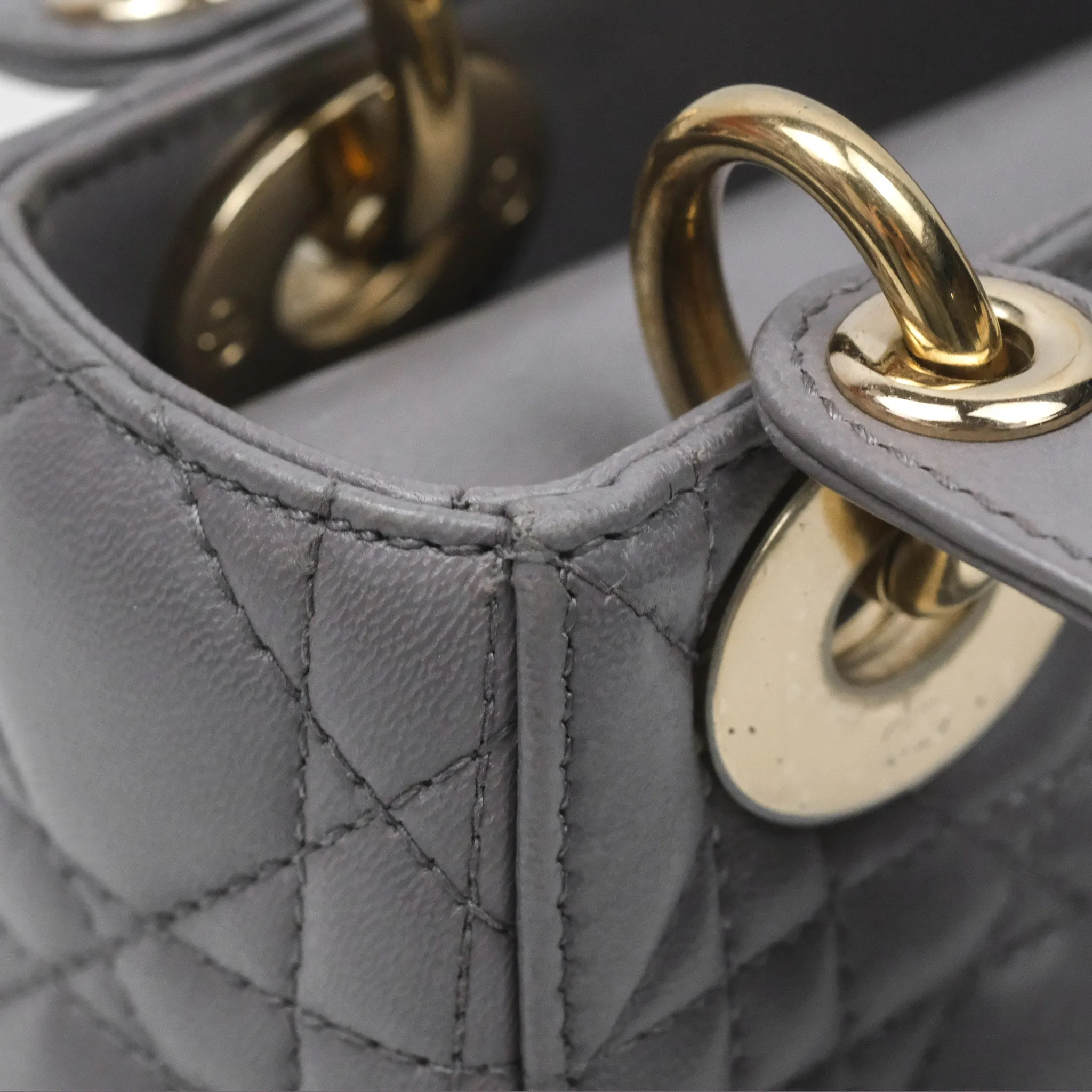 Christian Dior Mini Lady Dior Grey Lambskin Cannage Gold Hardware