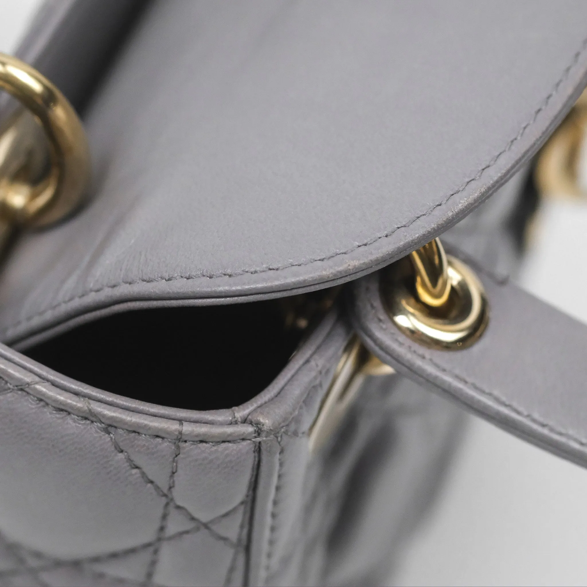 Christian Dior Mini Lady Dior Grey Lambskin Cannage Gold Hardware