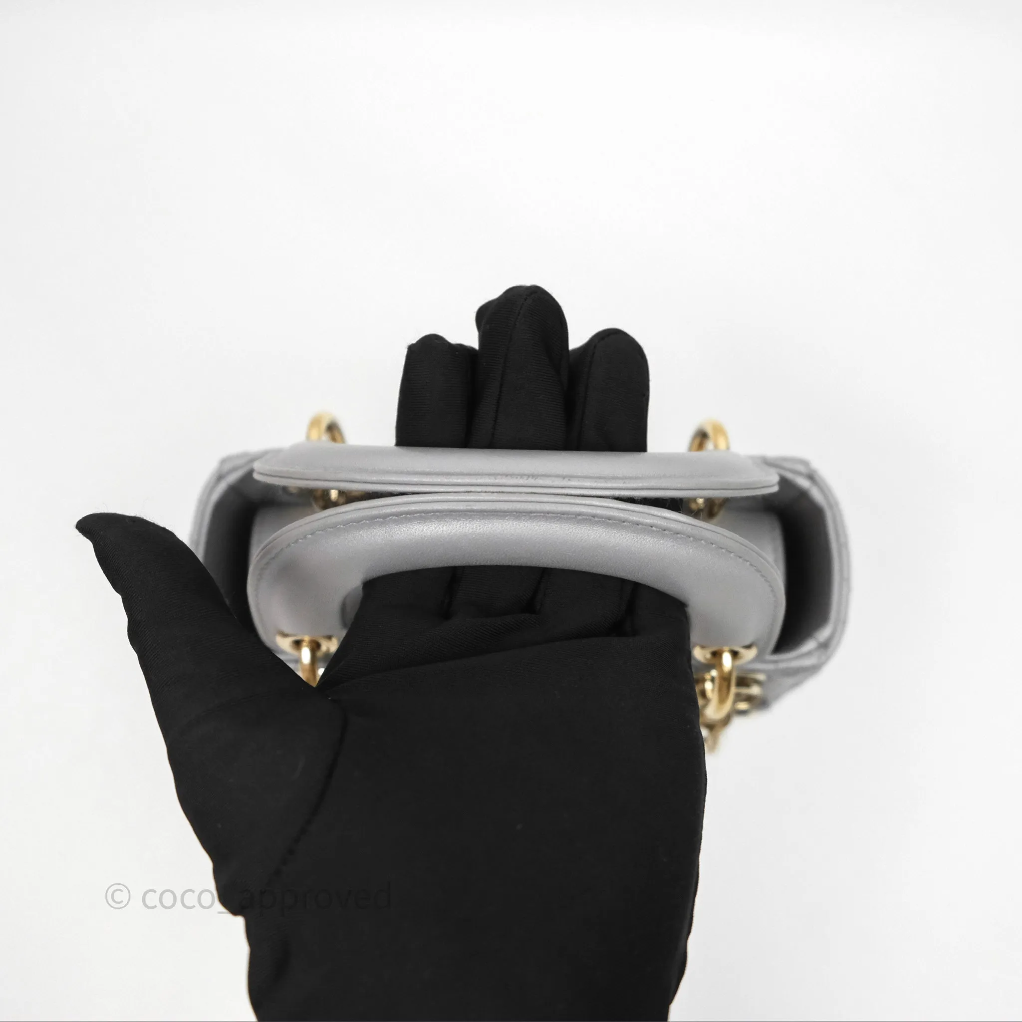 Christian Dior Mini Lady Dior Iridescent Grey Lambskin Cannage Gold Hardware