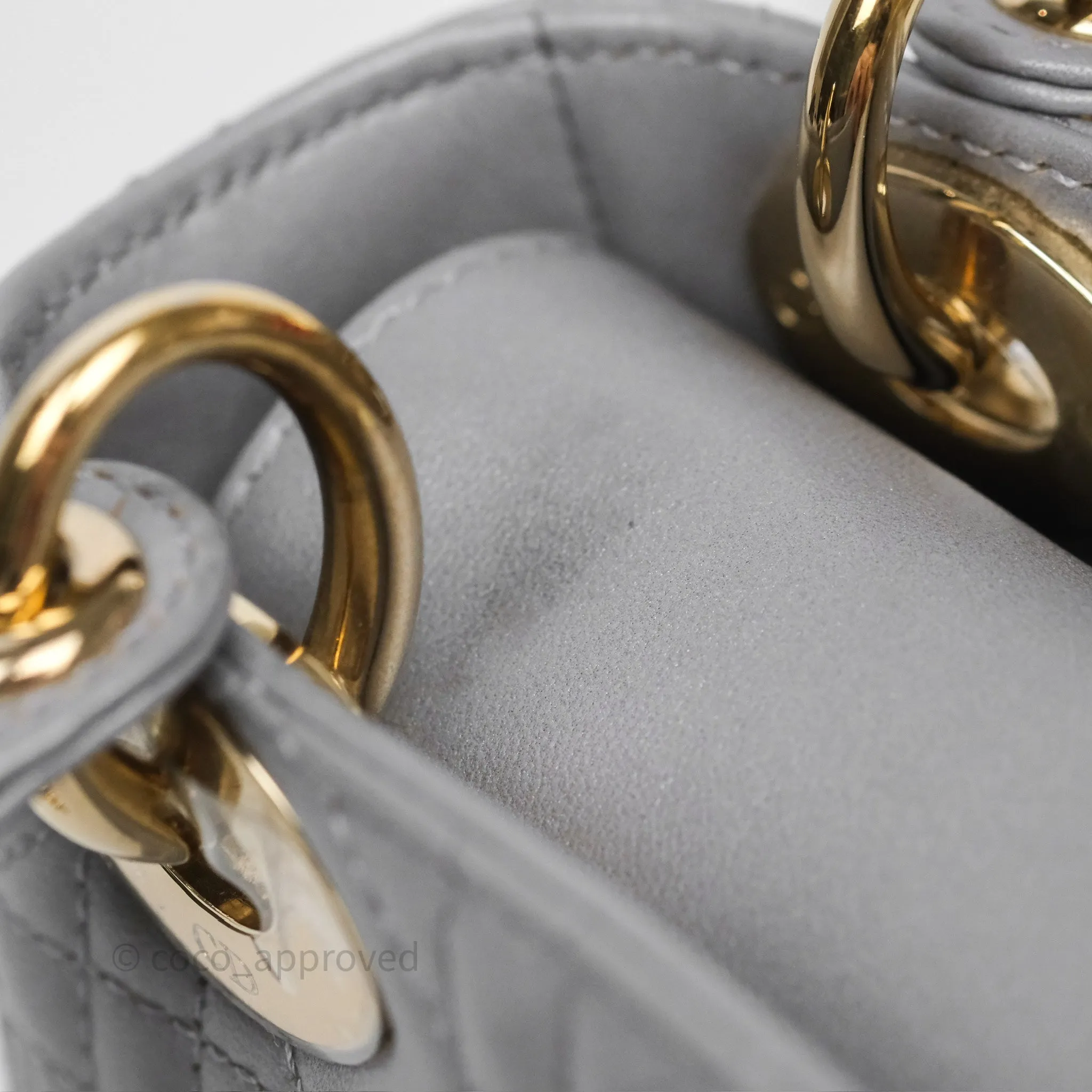 Christian Dior Mini Lady Dior Iridescent Grey Lambskin Cannage Gold Hardware