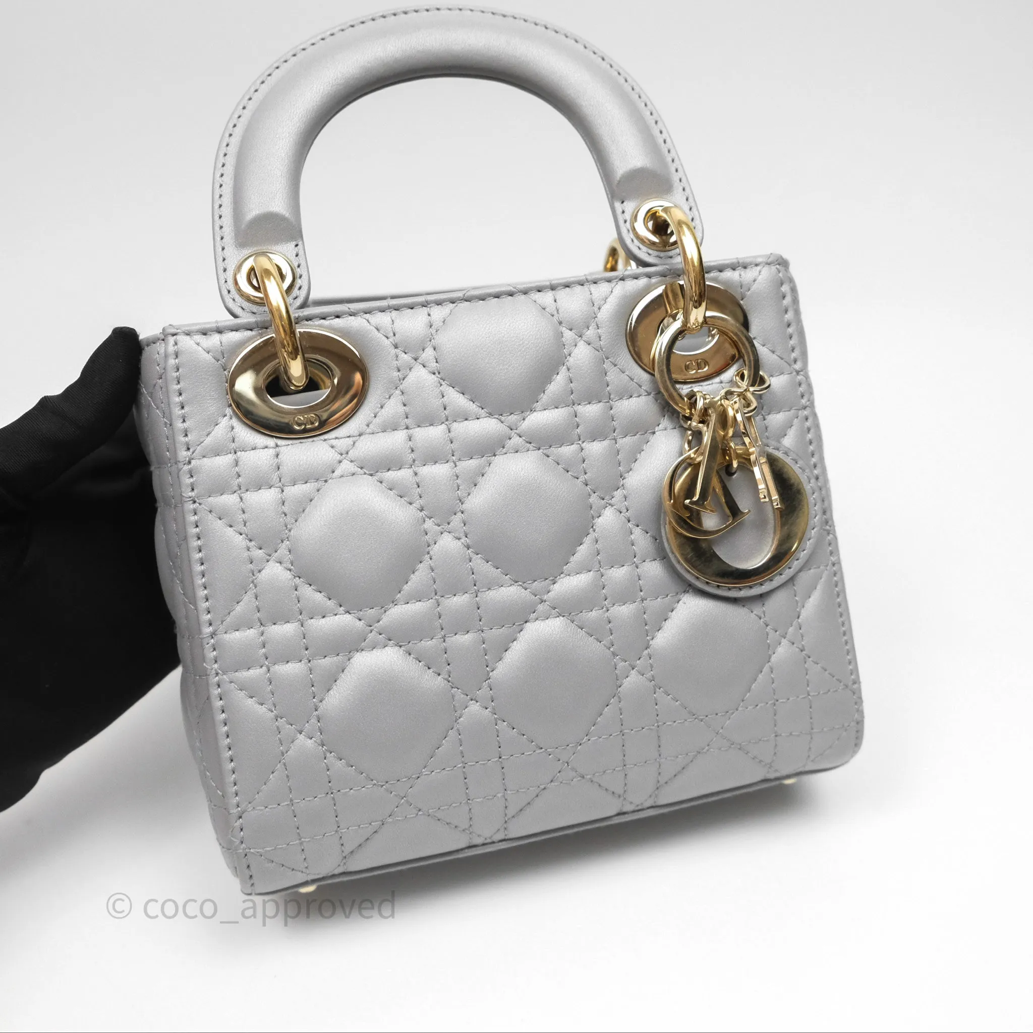 Christian Dior Mini Lady Dior Iridescent Grey Lambskin Cannage Gold Hardware