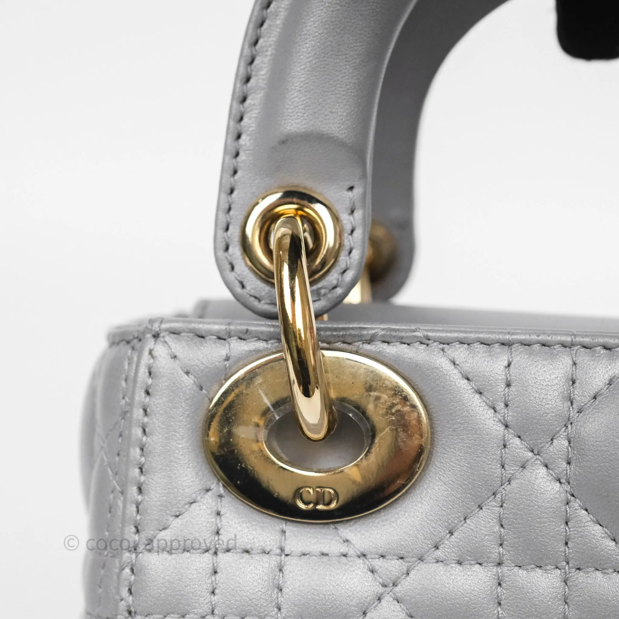 Christian Dior Mini Lady Dior Iridescent Grey Lambskin Cannage Gold Hardware