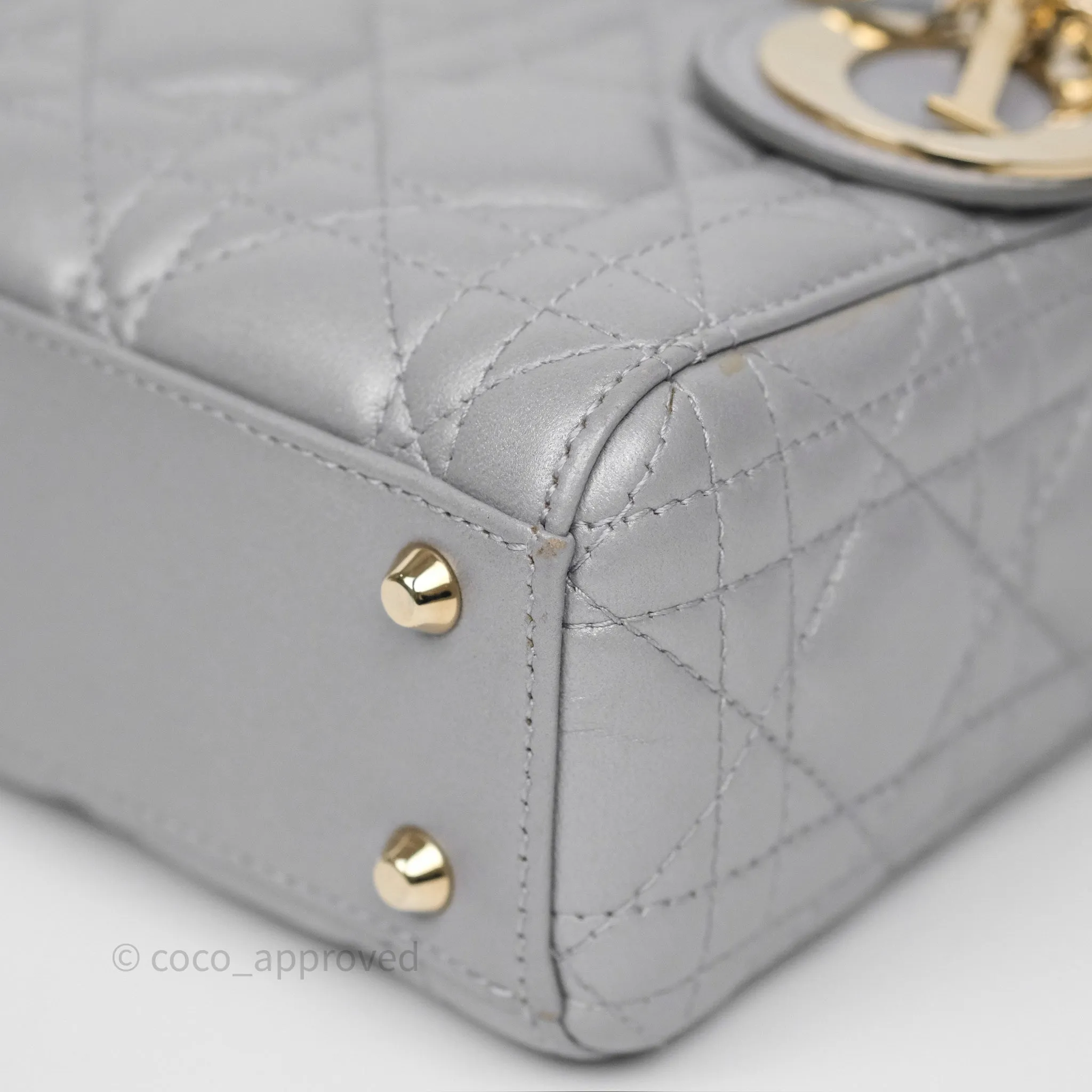 Christian Dior Mini Lady Dior Iridescent Grey Lambskin Cannage Gold Hardware