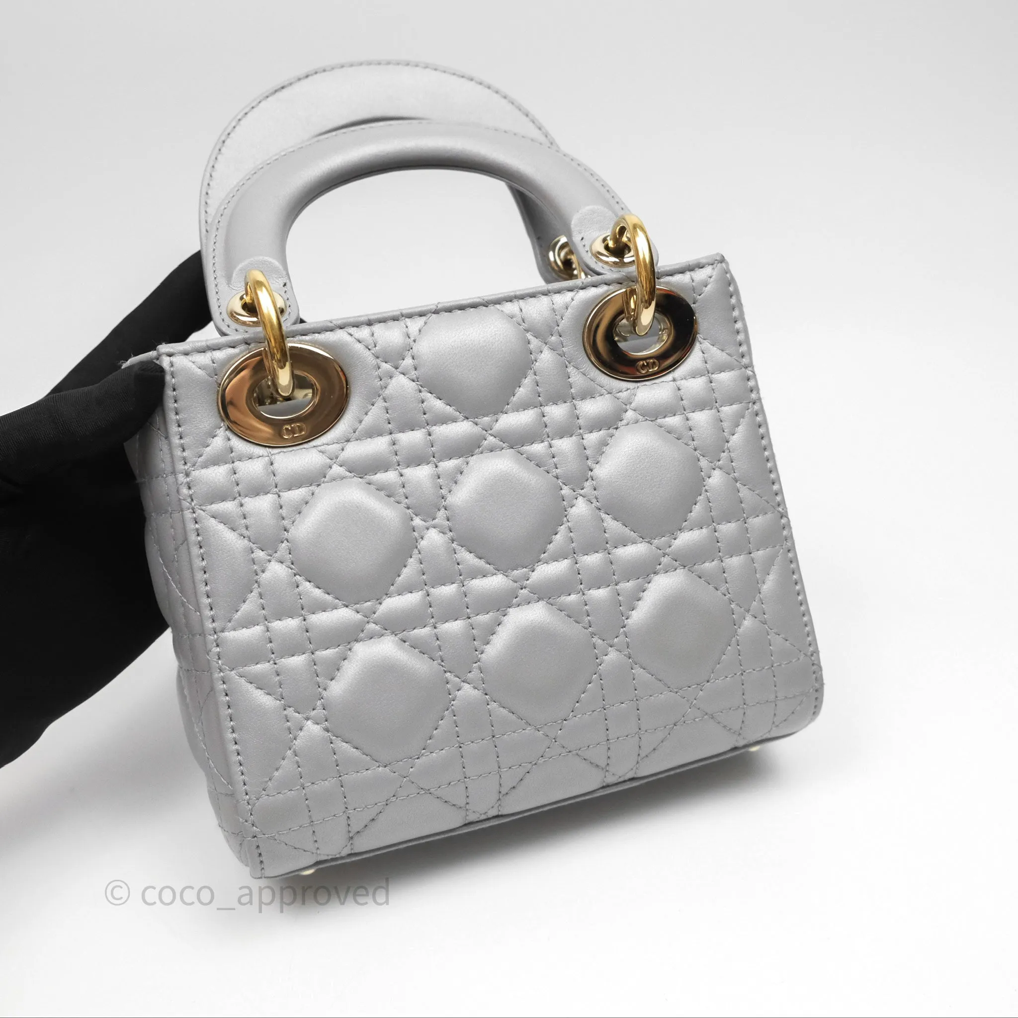 Christian Dior Mini Lady Dior Iridescent Grey Lambskin Cannage Gold Hardware