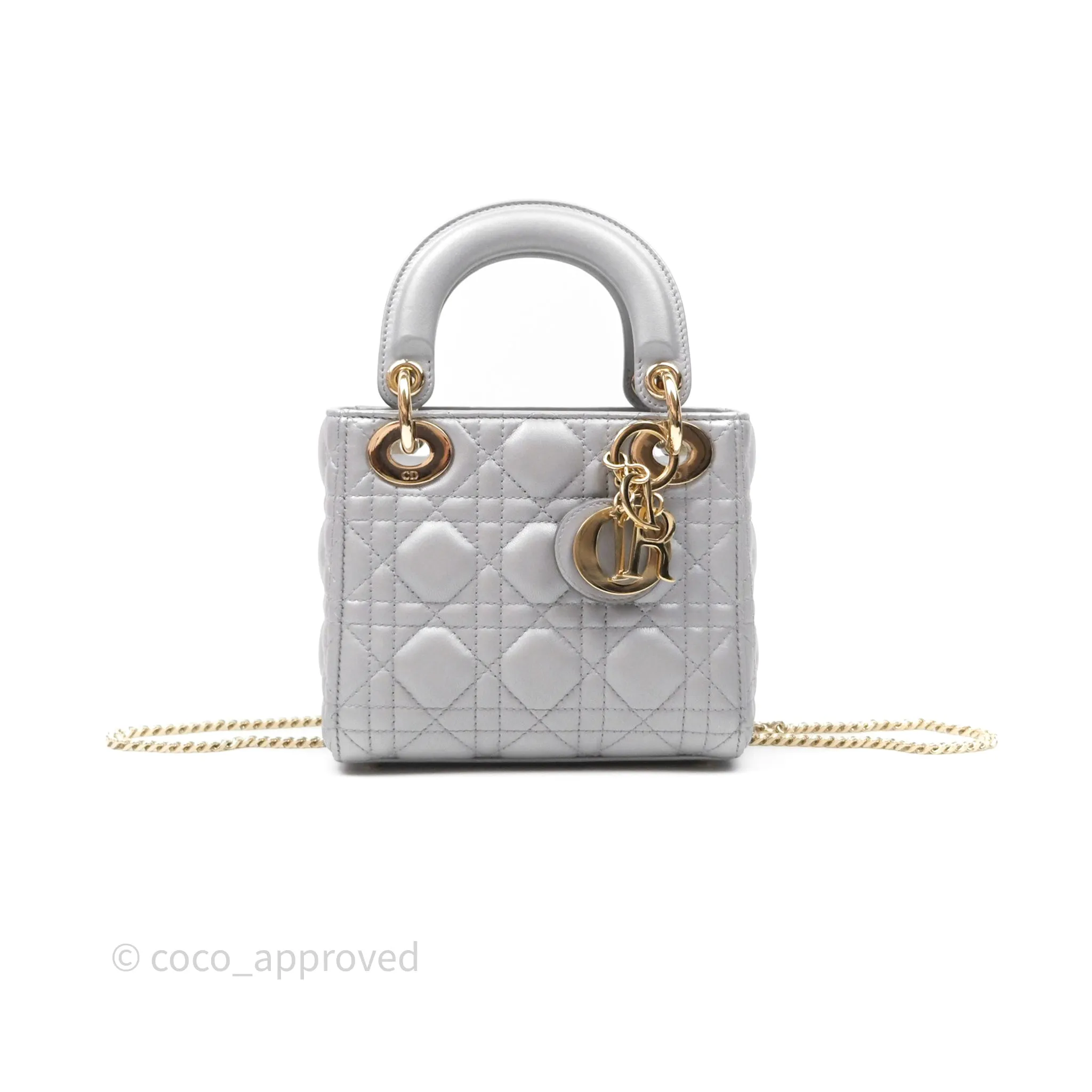 Christian Dior Mini Lady Dior Iridescent Grey Lambskin Cannage Gold Hardware