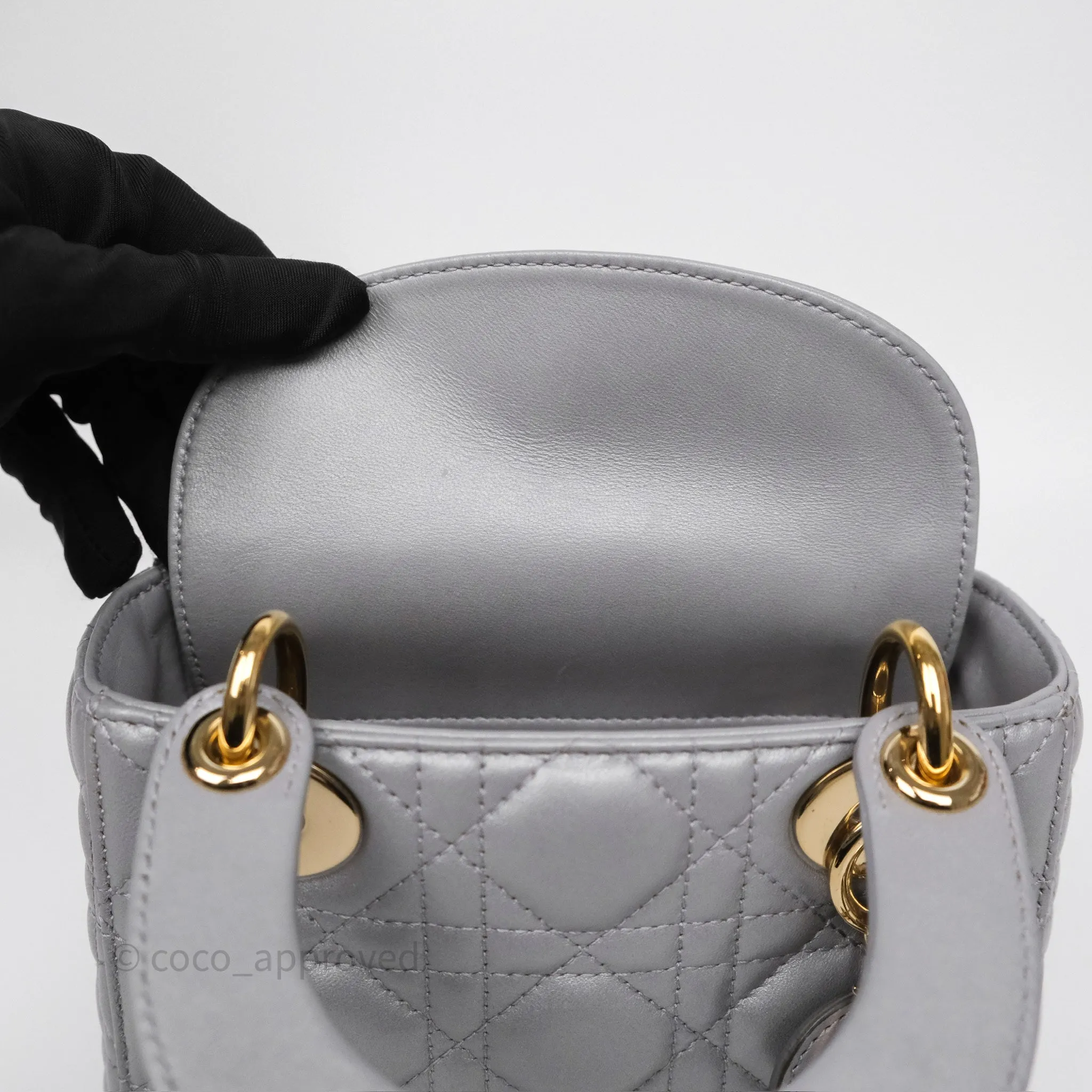 Christian Dior Mini Lady Dior Iridescent Grey Lambskin Cannage Gold Hardware