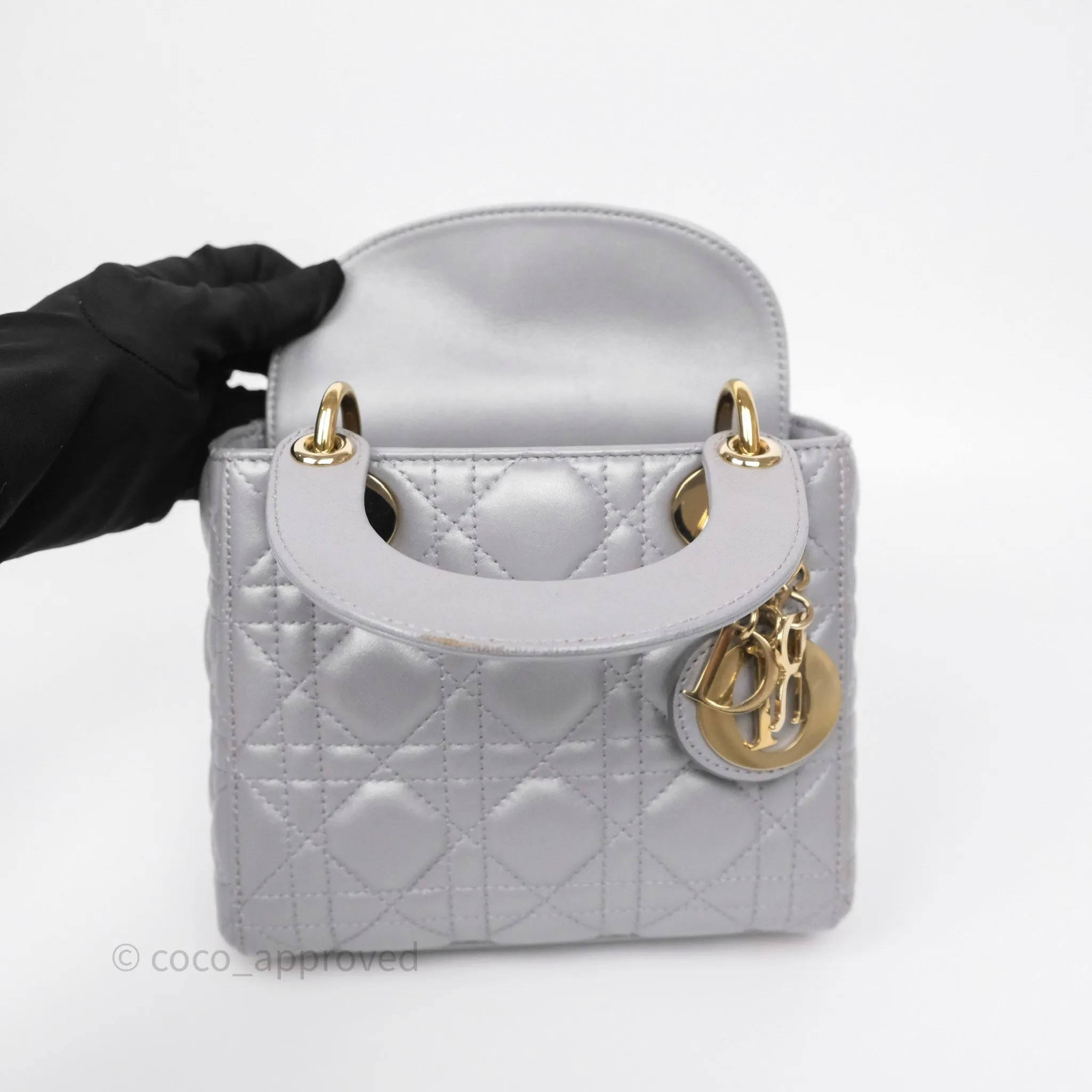 Christian Dior Mini Lady Dior Iridescent Grey Lambskin Cannage Gold Hardware
