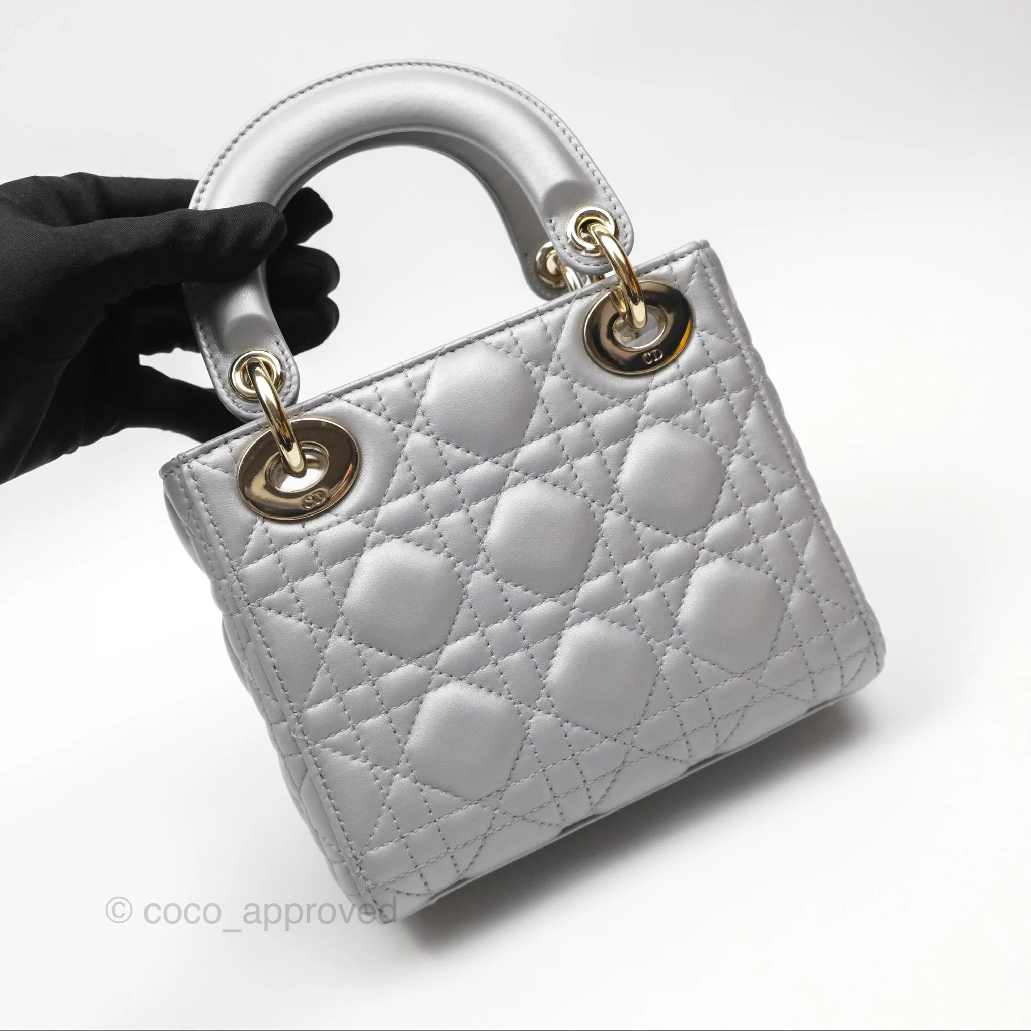 Christian Dior Mini Lady Dior Iridescent Grey Lambskin Cannage Gold Hardware