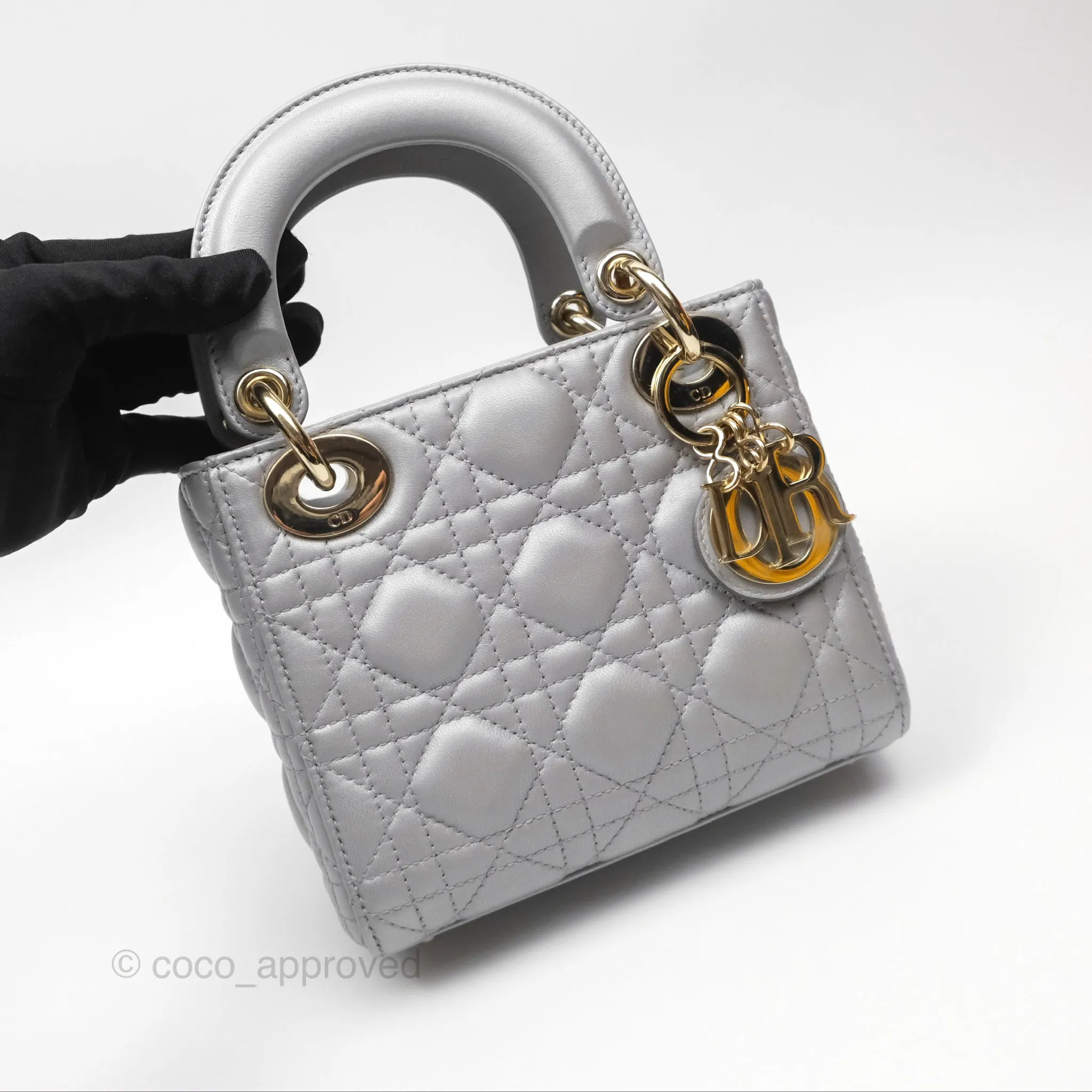 Christian Dior Mini Lady Dior Iridescent Grey Lambskin Cannage Gold Hardware