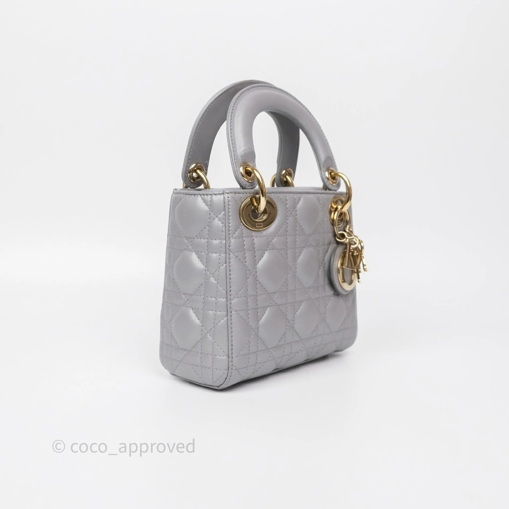 Christian Dior Mini Lady Dior Iridescent Grey Lambskin Cannage Gold Hardware