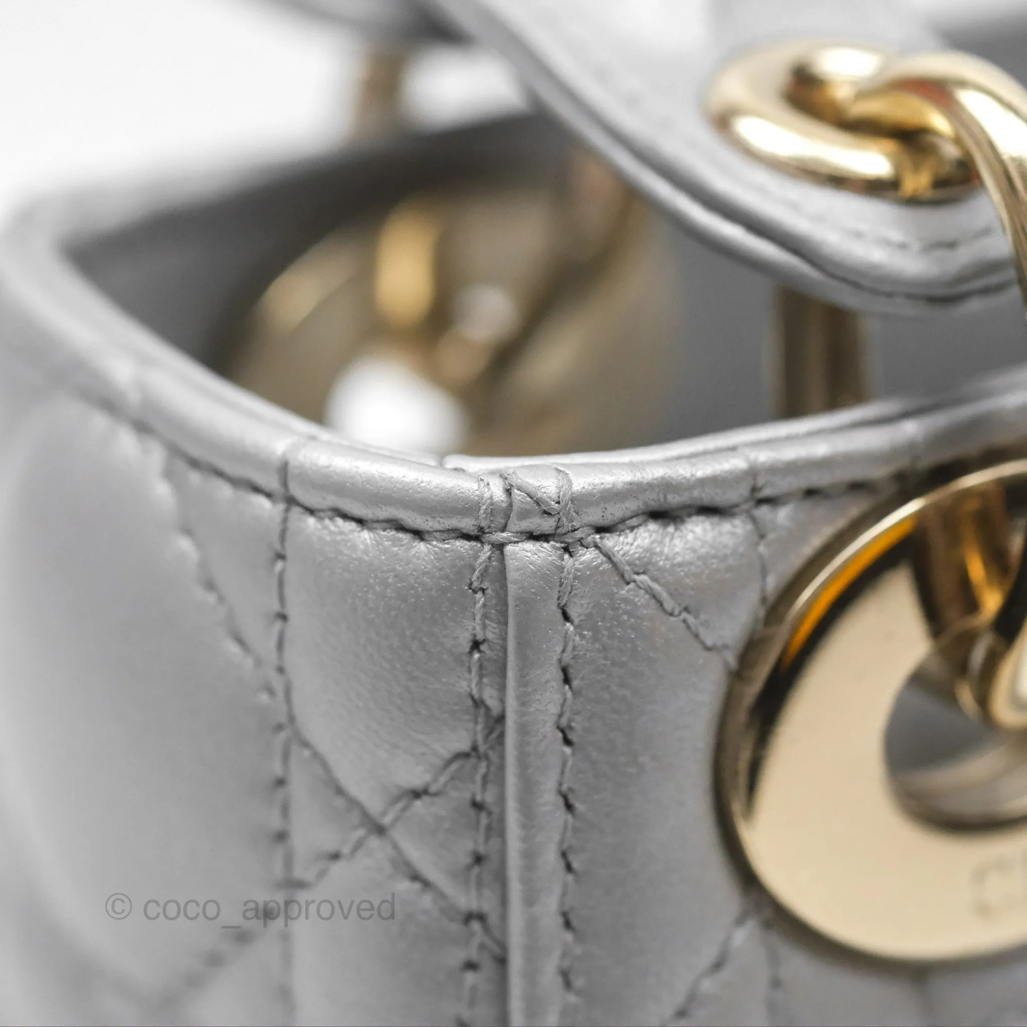 Christian Dior Mini Lady Dior Iridescent Grey Lambskin Cannage Gold Hardware