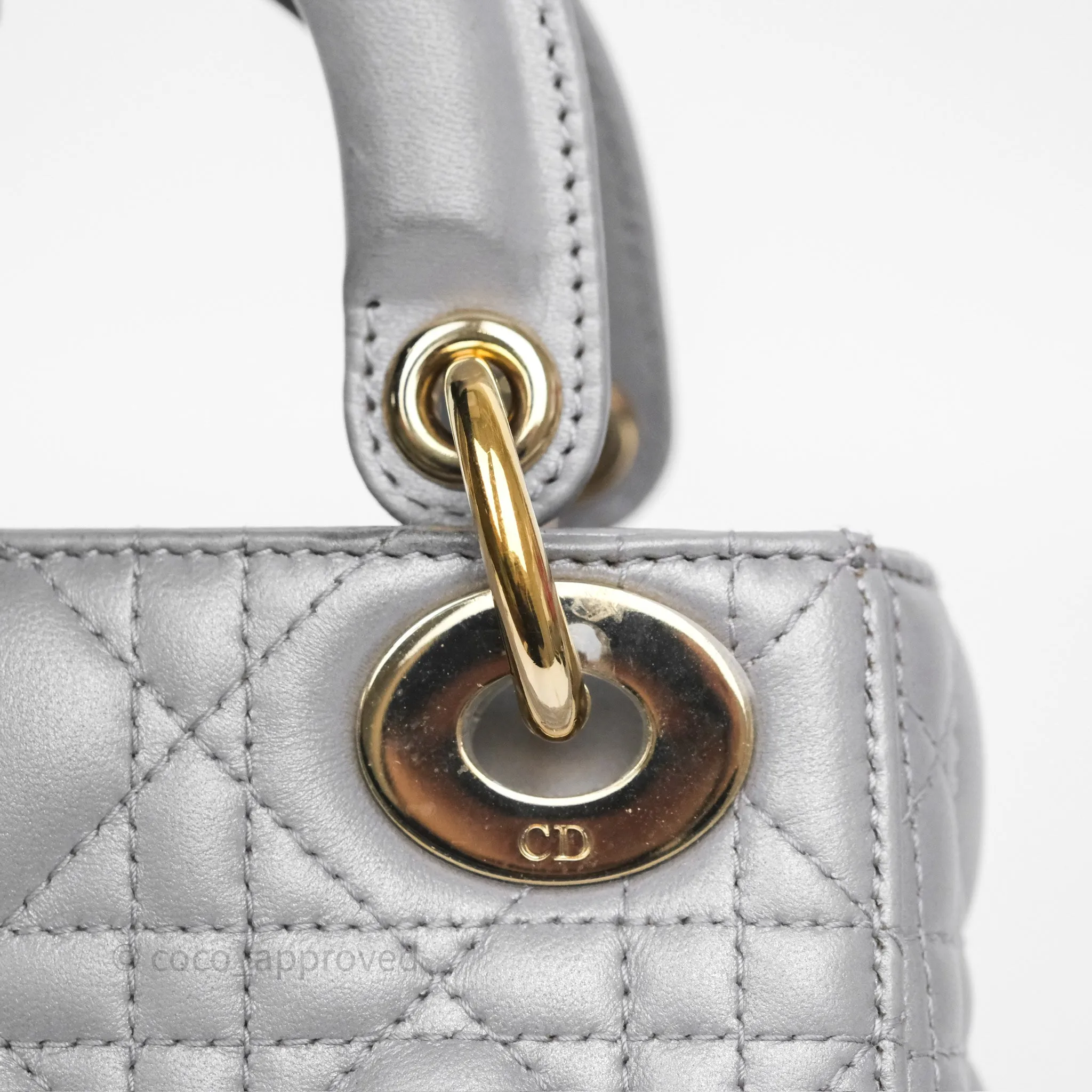Christian Dior Mini Lady Dior Iridescent Grey Lambskin Cannage Gold Hardware