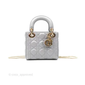 Christian Dior Mini Lady Dior Iridescent Grey Lambskin Cannage Gold Hardware