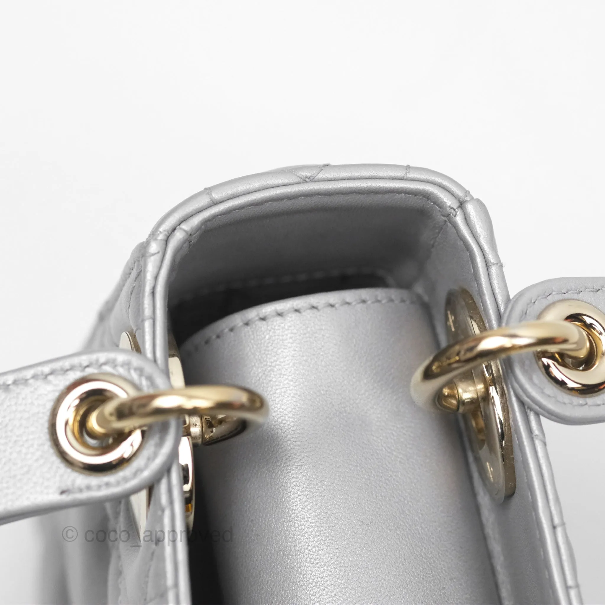 Christian Dior Mini Lady Dior Iridescent Grey Lambskin Cannage Gold Hardware