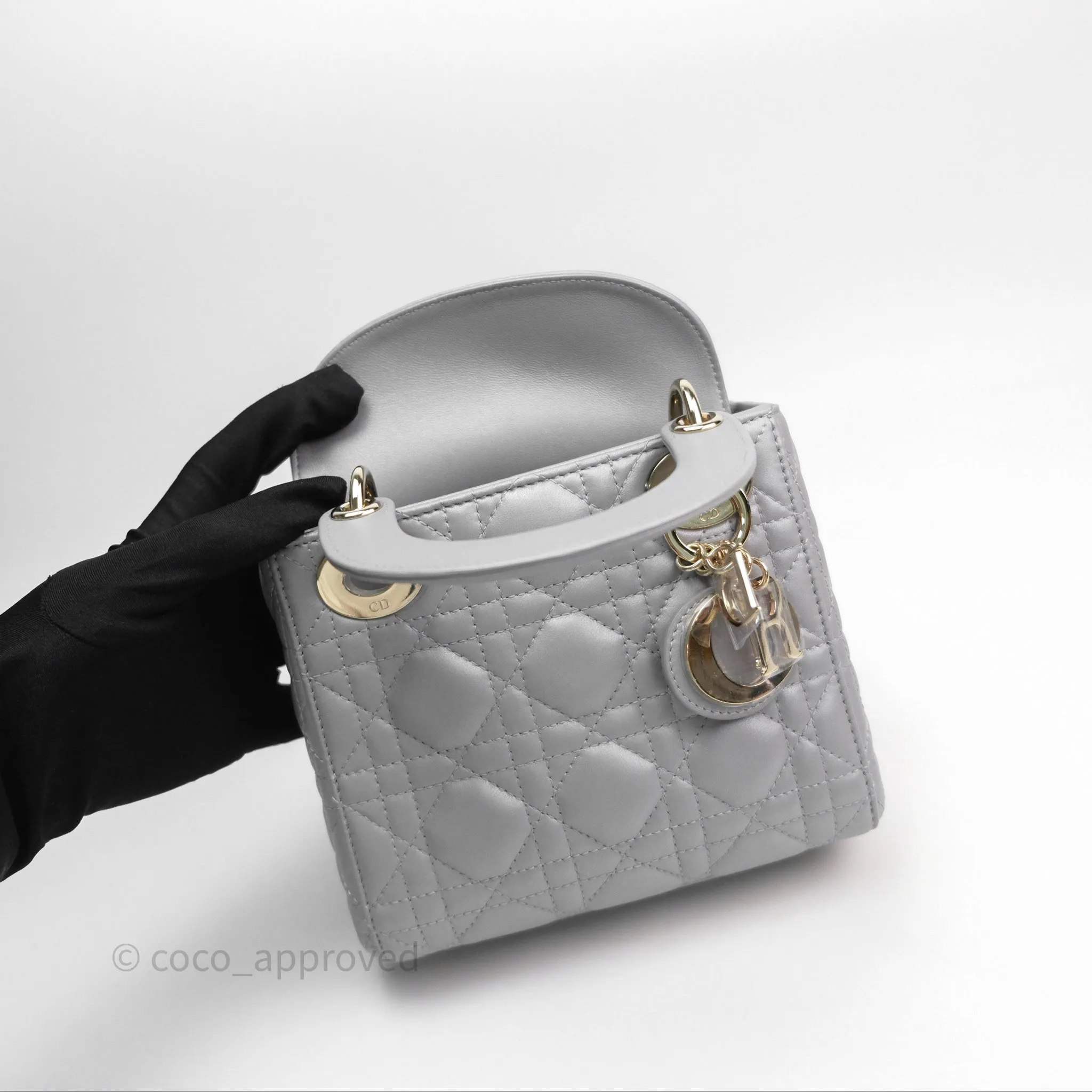 Christian Dior Mini Lady Dior Iridescent Grey Lambskin Cannage Gold Hardware