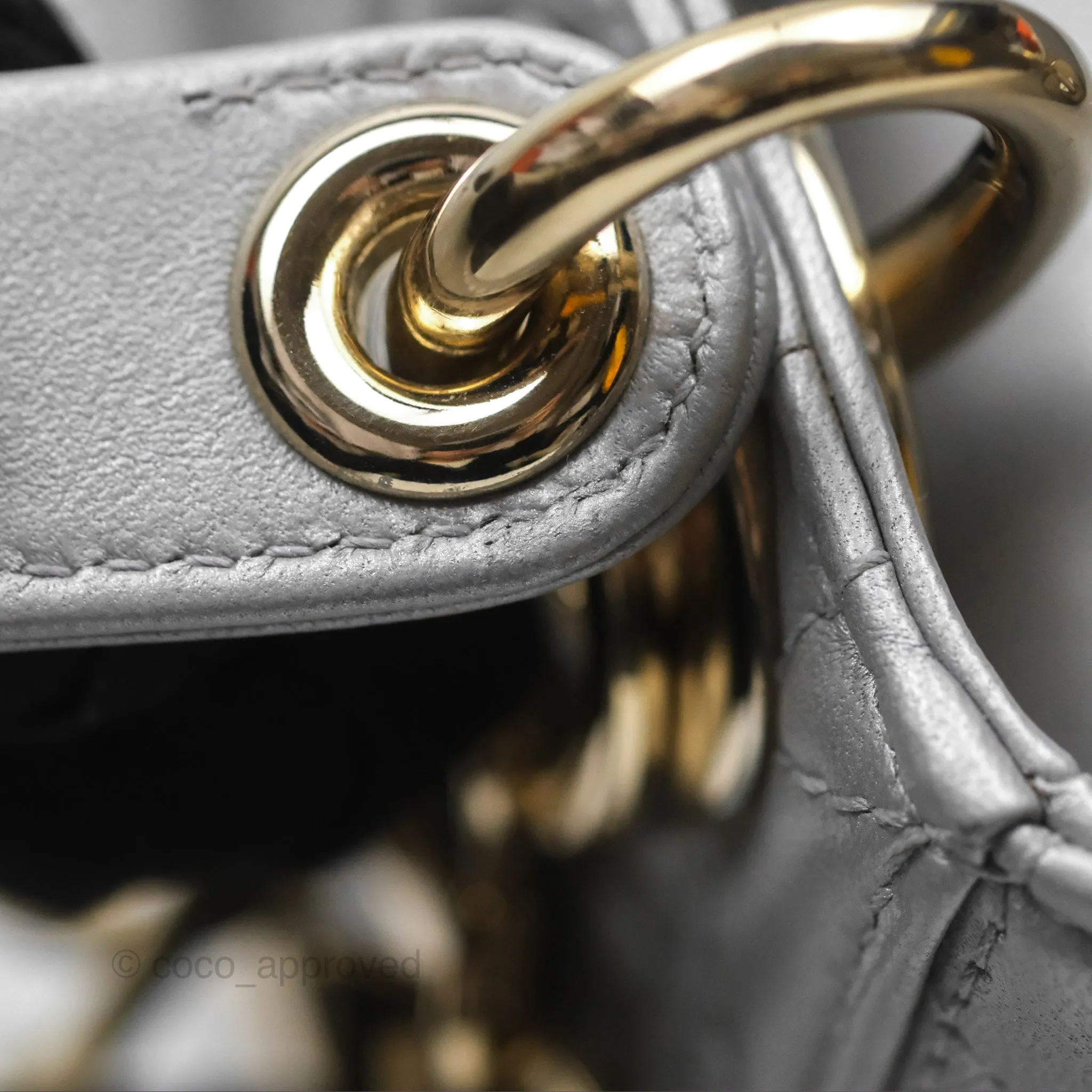 Christian Dior Mini Lady Dior Iridescent Grey Lambskin Cannage Gold Hardware