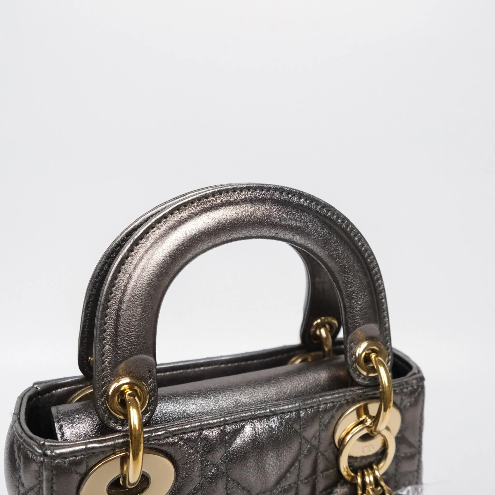 Christian Dior Mini Lady Dior Metallic Dark Grey Lambskin Cannage Gold Hardware