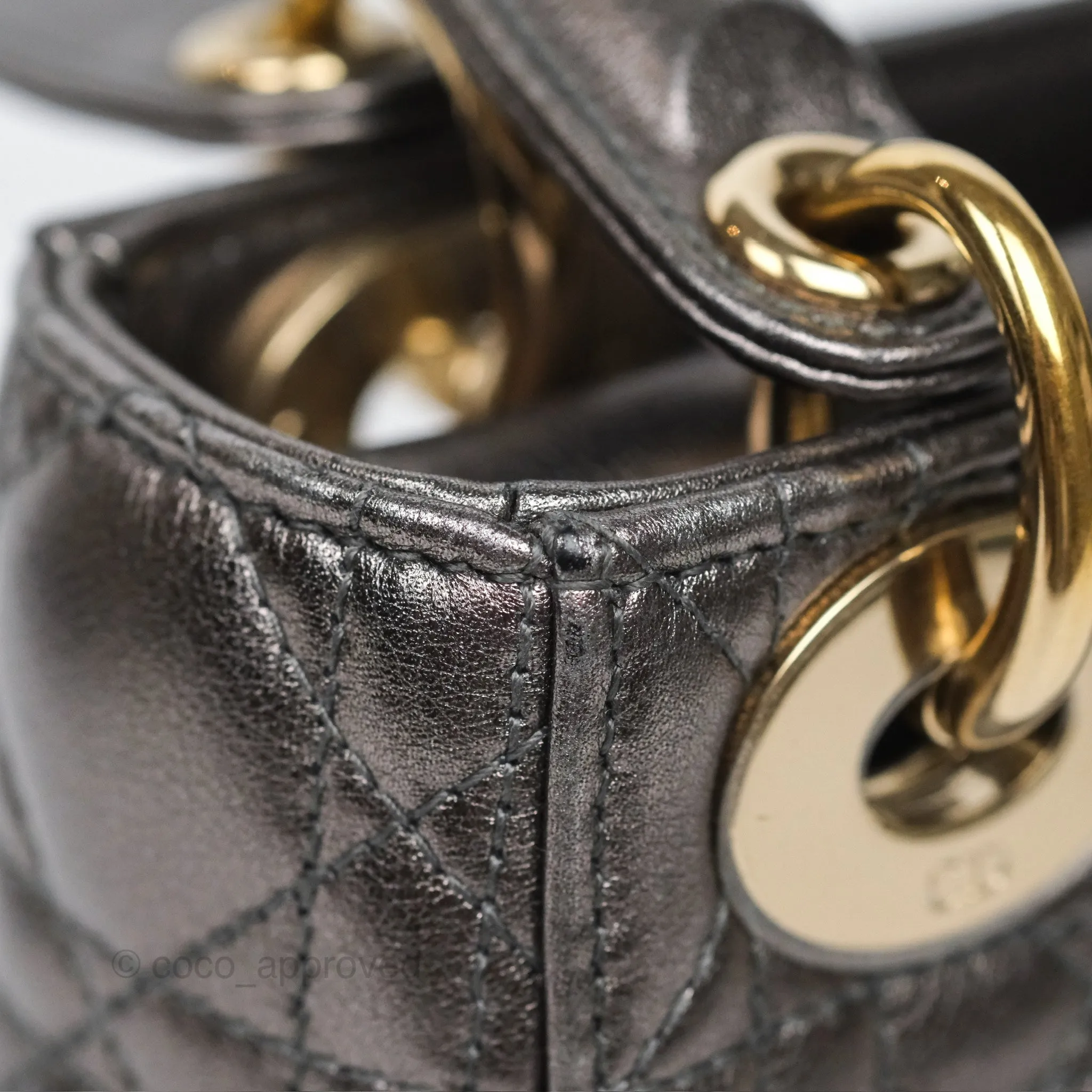 Christian Dior Mini Lady Dior Metallic Dark Grey Lambskin Cannage Gold Hardware