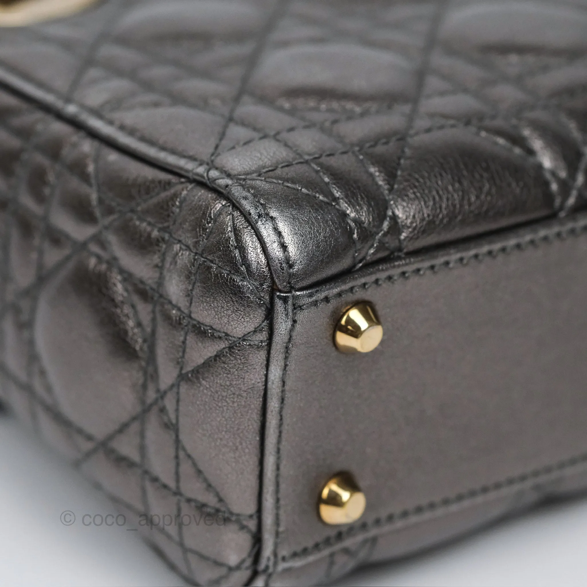 Christian Dior Mini Lady Dior Metallic Dark Grey Lambskin Cannage Gold Hardware