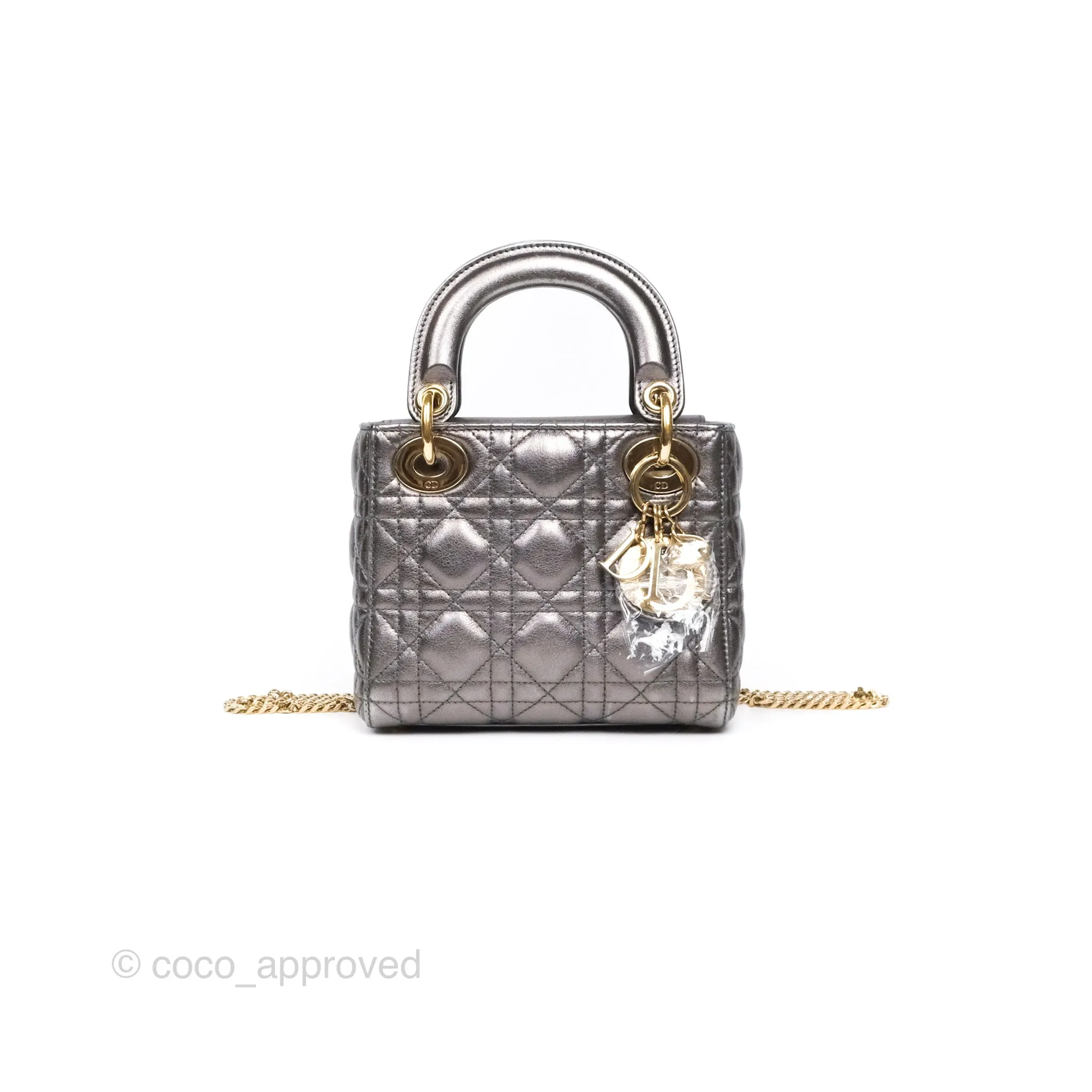 Christian Dior Mini Lady Dior Metallic Dark Grey Lambskin Cannage Gold Hardware